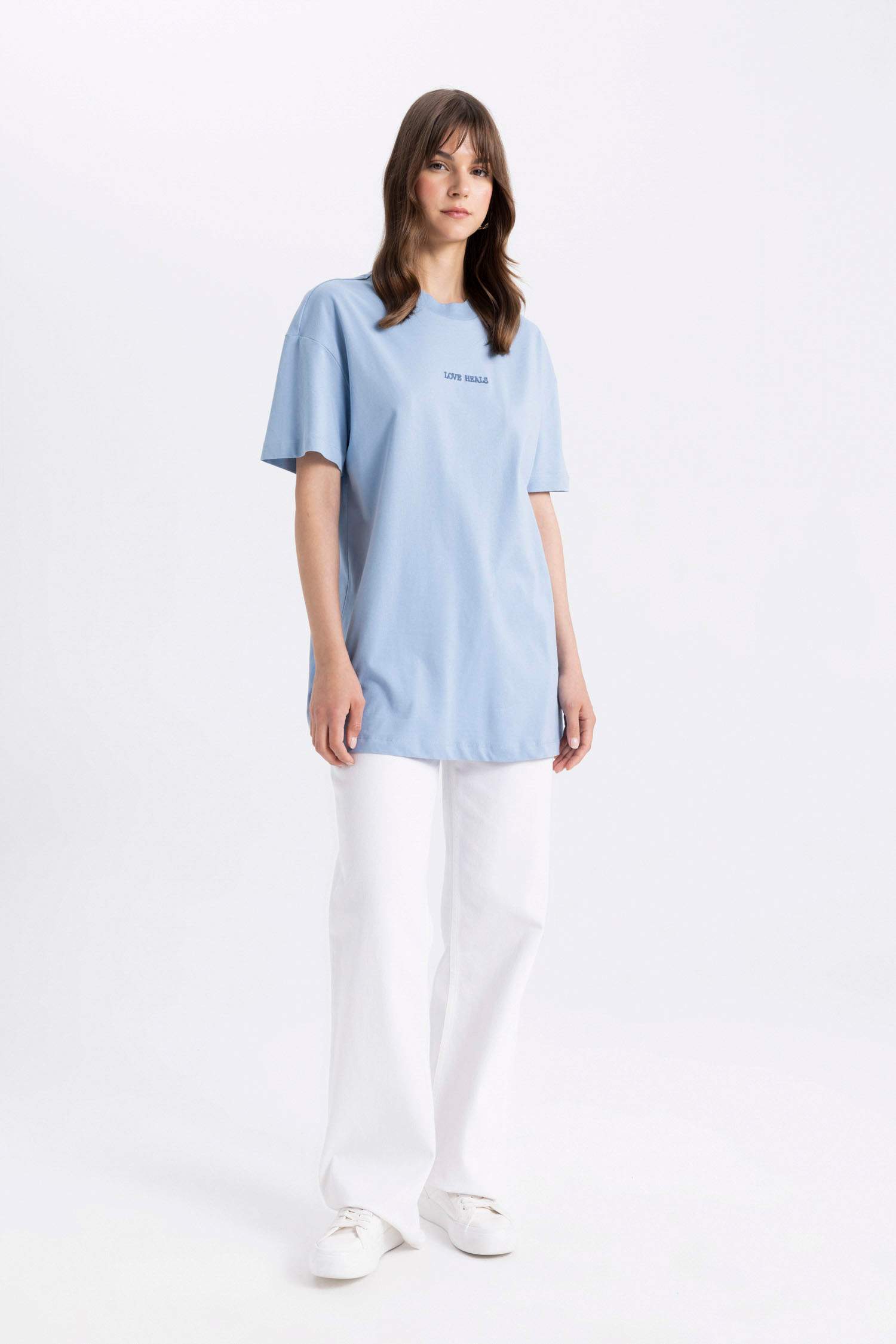 Baskılı Bisiklet Yaka Kısa Kollu Tişört Tunik