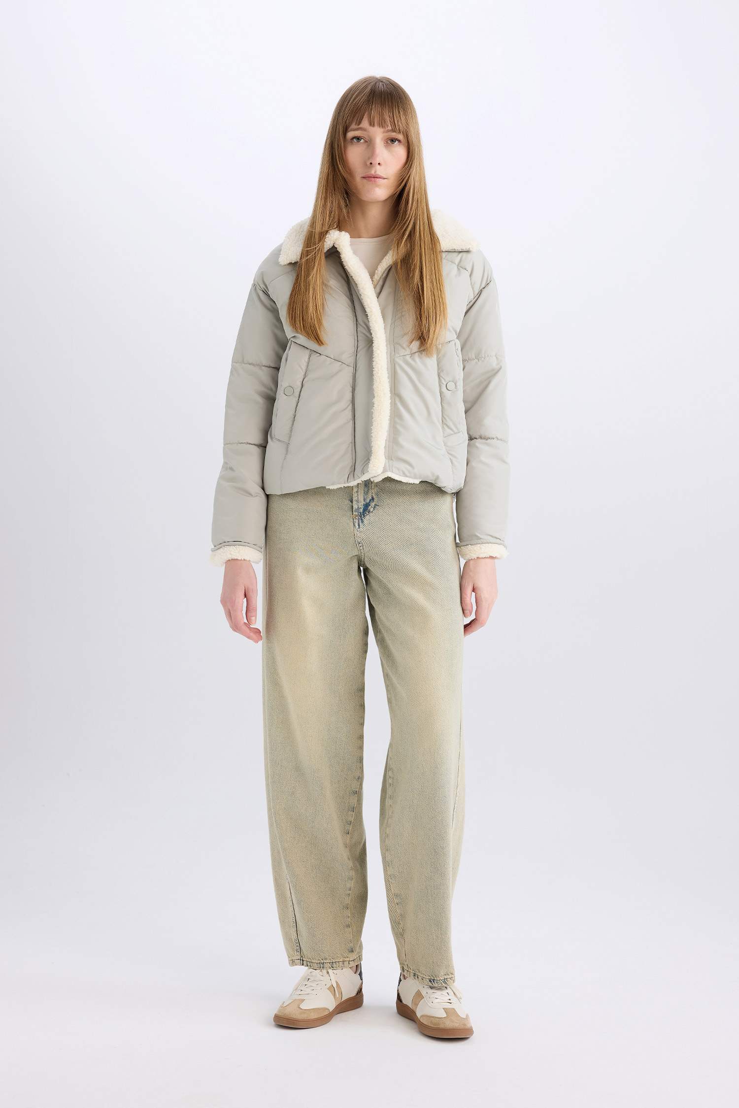 Su İtici Şişme Mont Geniş Yakalı İçi Süni Kürklü Fermuarlı Cepli