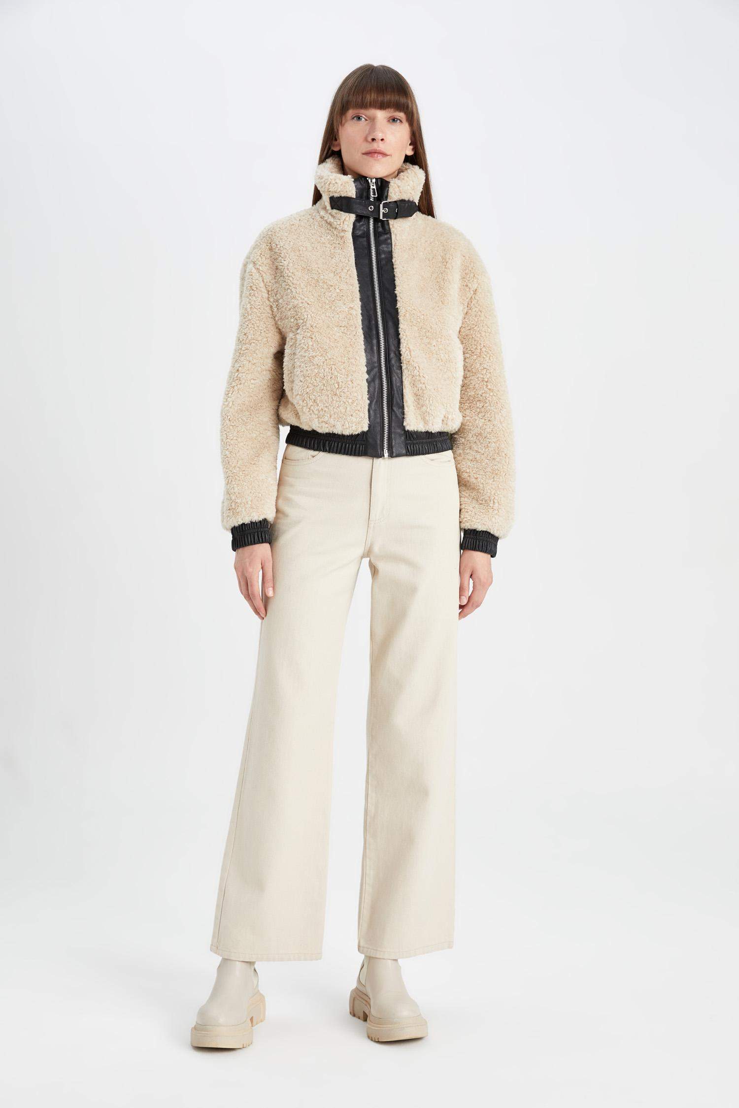 Dik Yaka Suni Kürk Fermuarlı Mont Ceket