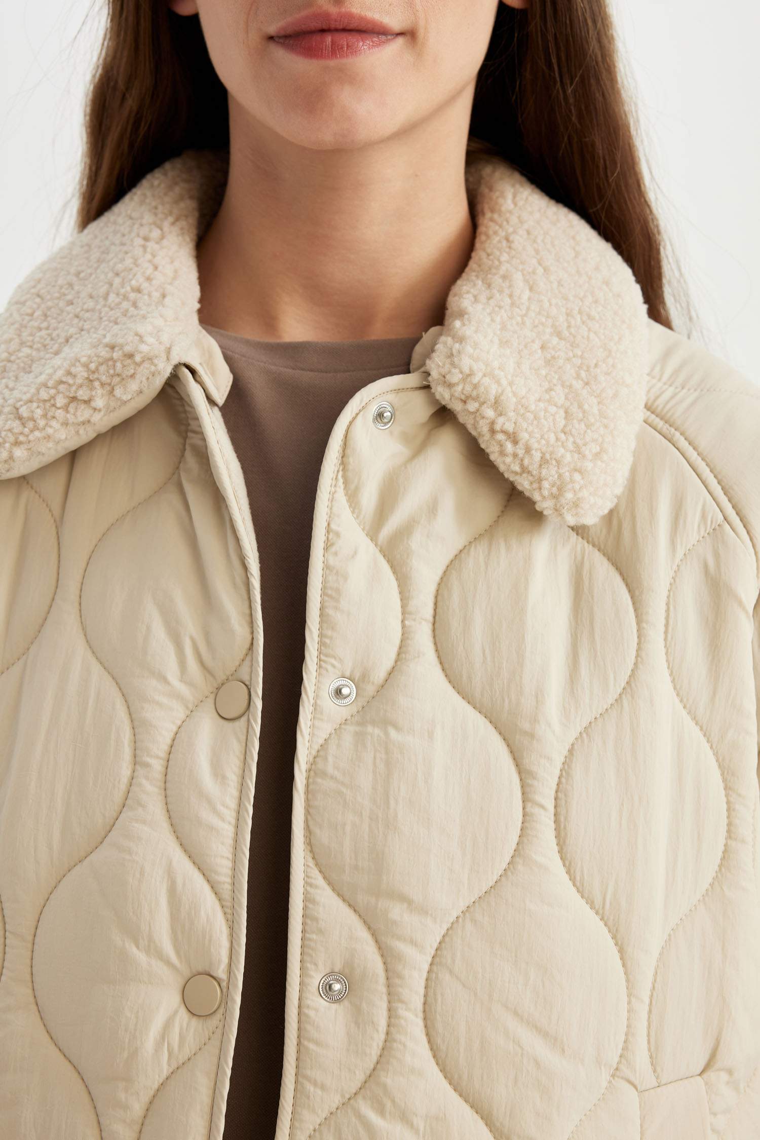 Hafif Mevsimlik Mont Kapitoneli Çıtçıtlı Cepli Suni Kürk Yaka Detaylı