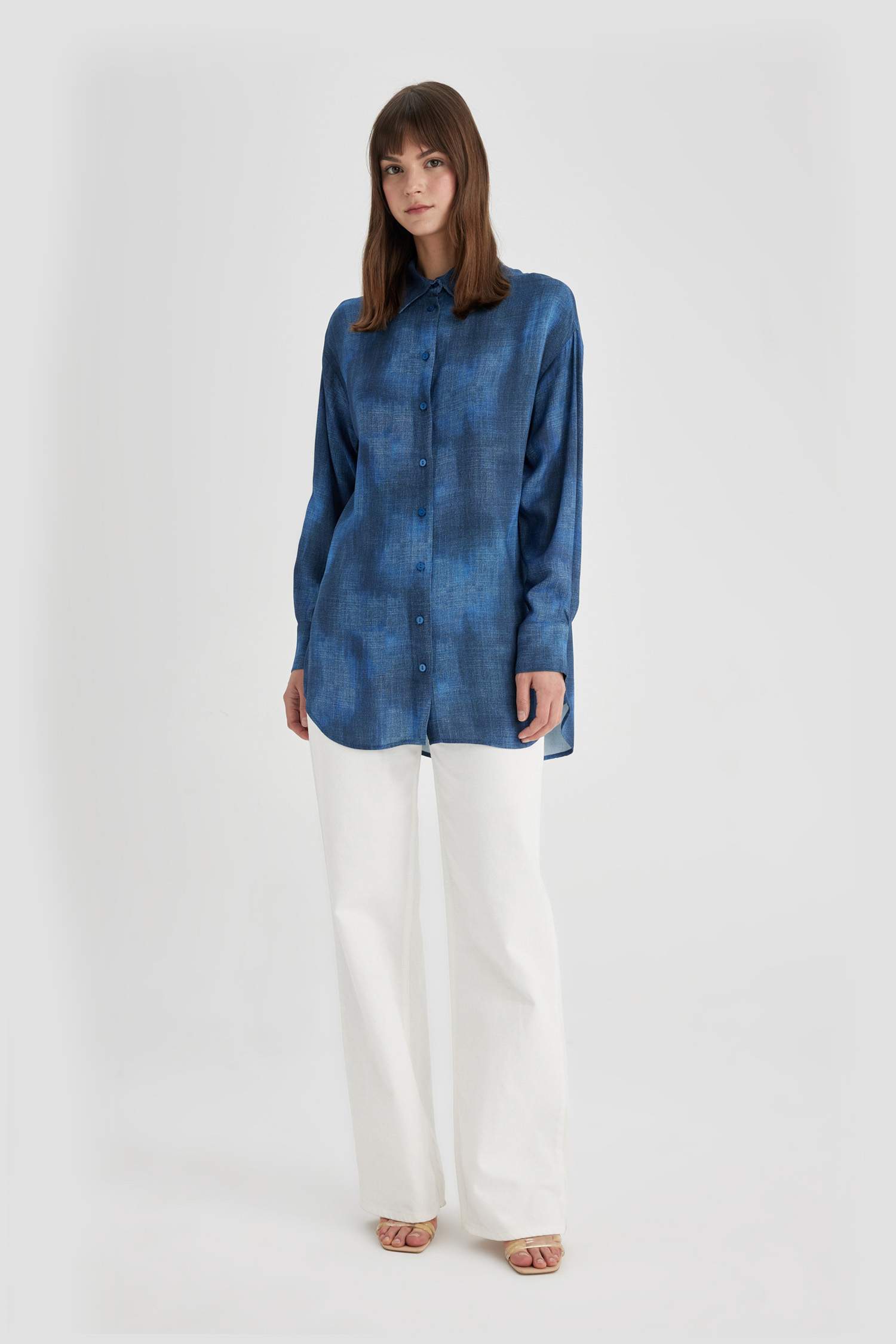 Tunique Chemise Coupe Relax à Manches Longues à Motifs