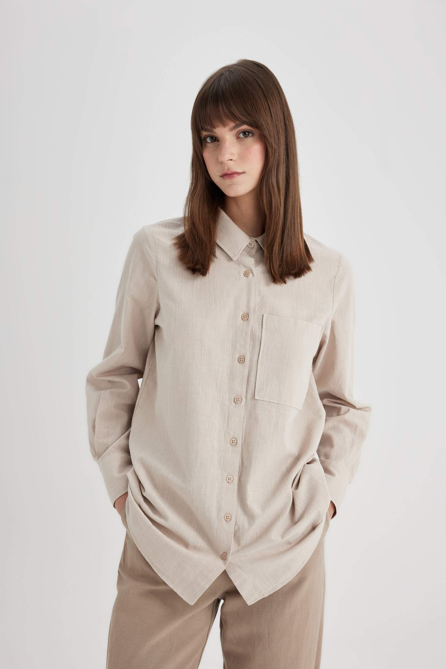 Regular Fit Flamed Cotton Long Sleeve Shirt Tunic