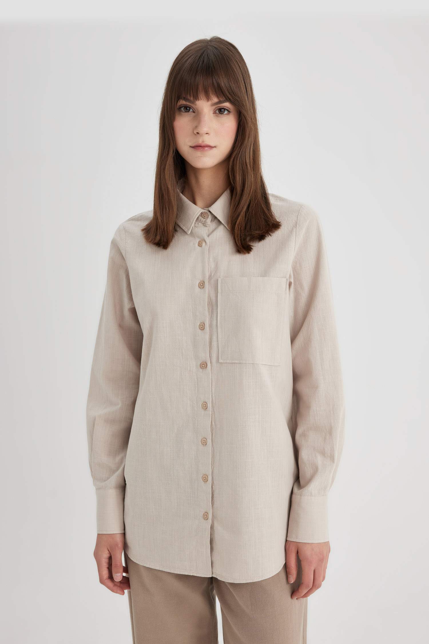 Regular Fit Flamed Cotton Long Sleeve Shirt Tunic