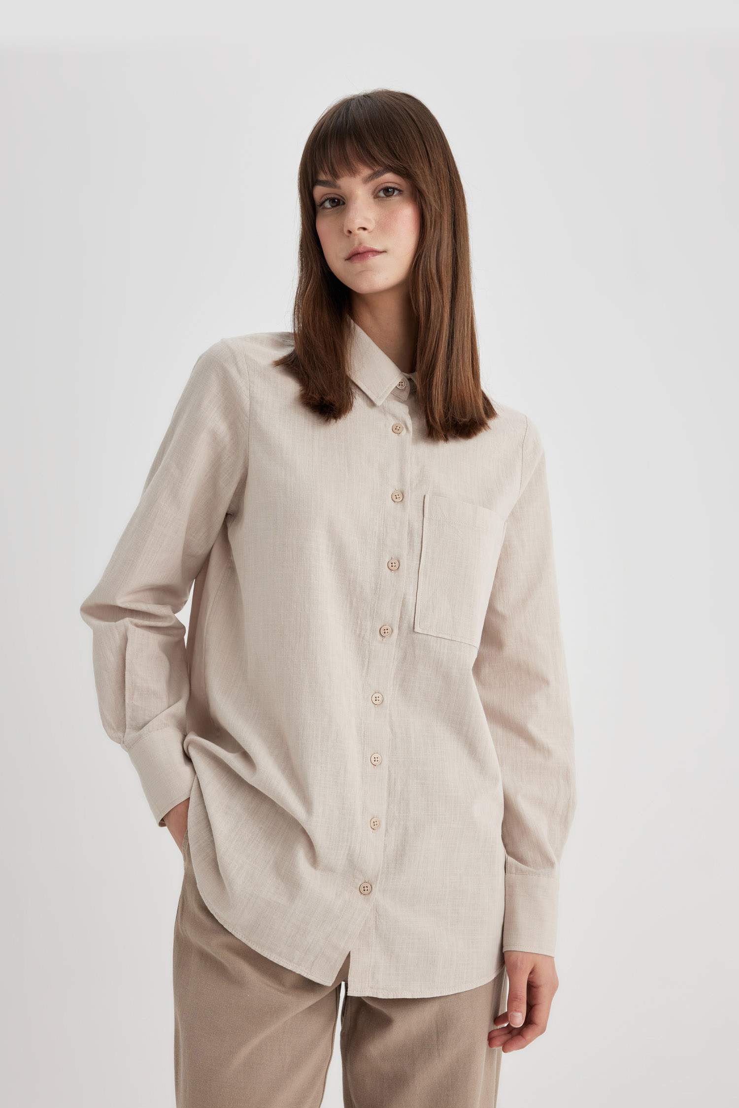 Regular Fit Flamed Cotton Long Sleeve Shirt Tunic