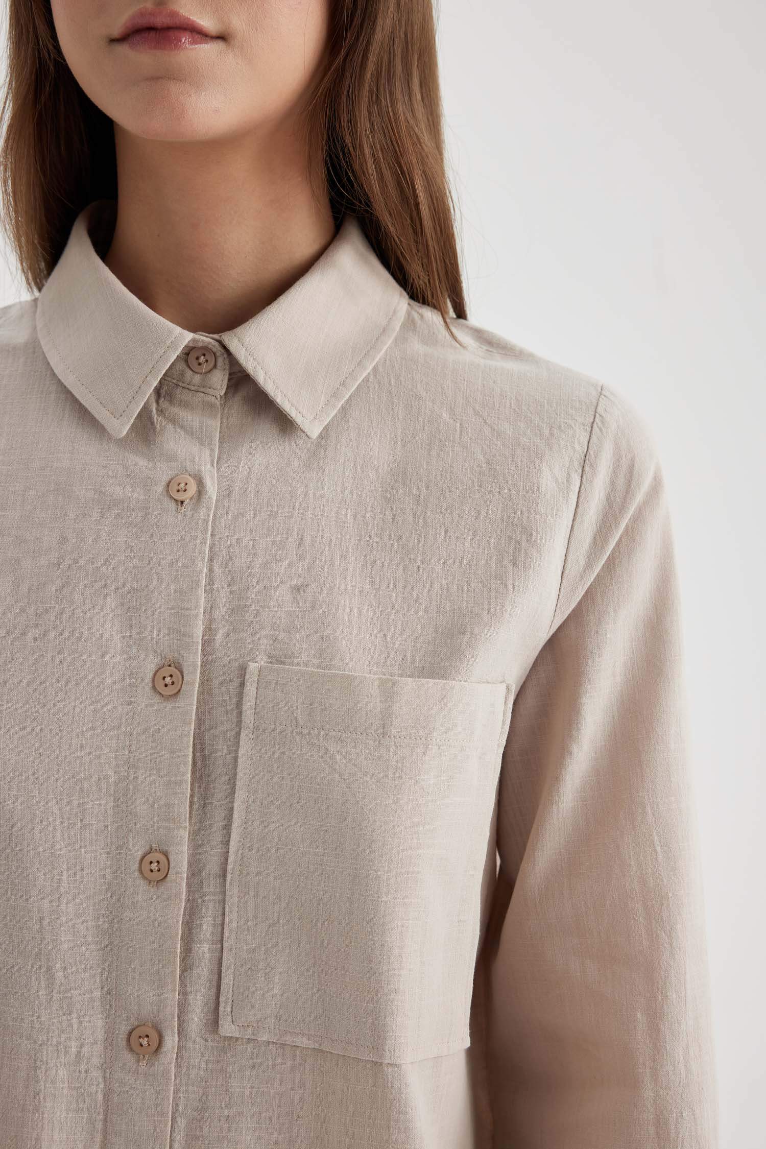 Regular Fit Flamed Cotton Long Sleeve Shirt Tunic