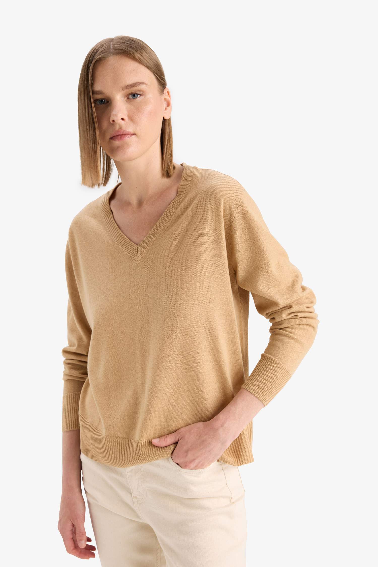 Relax Fit Soft Texture V Neck Basic Knitted Pullover