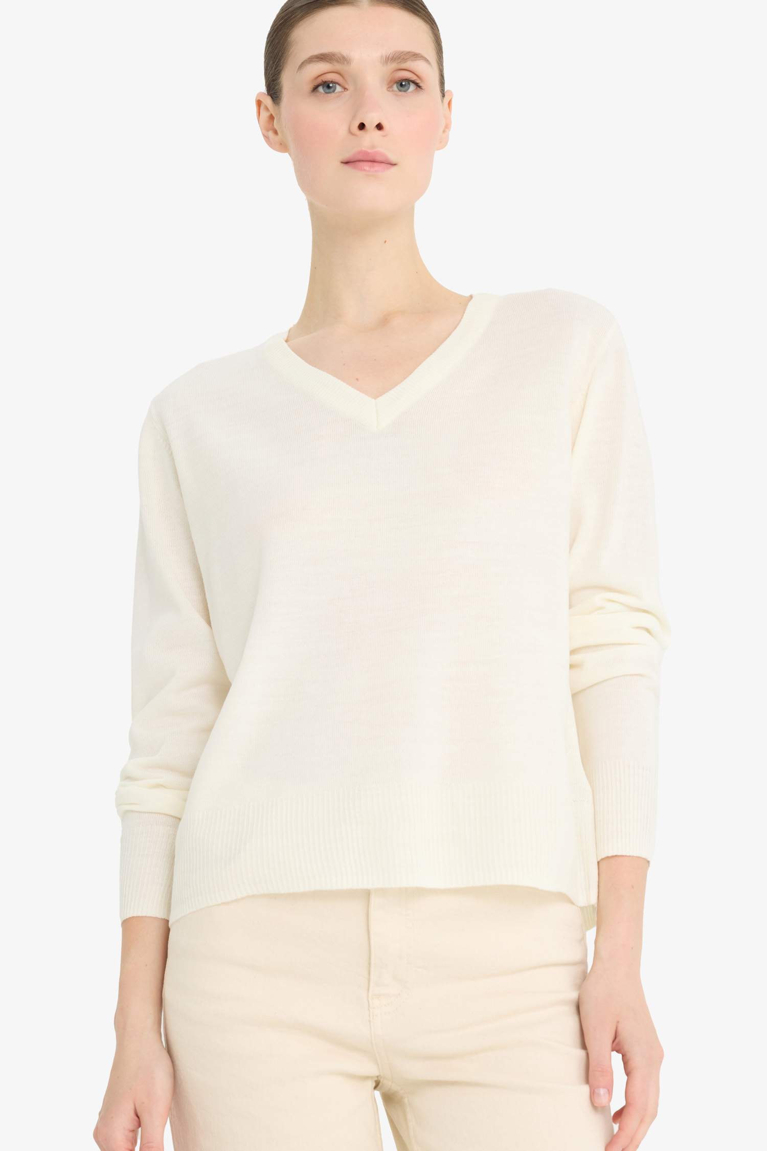 Relax Fit Yumuşak Dokulu V Yaka Basic Düz Triko Kazak