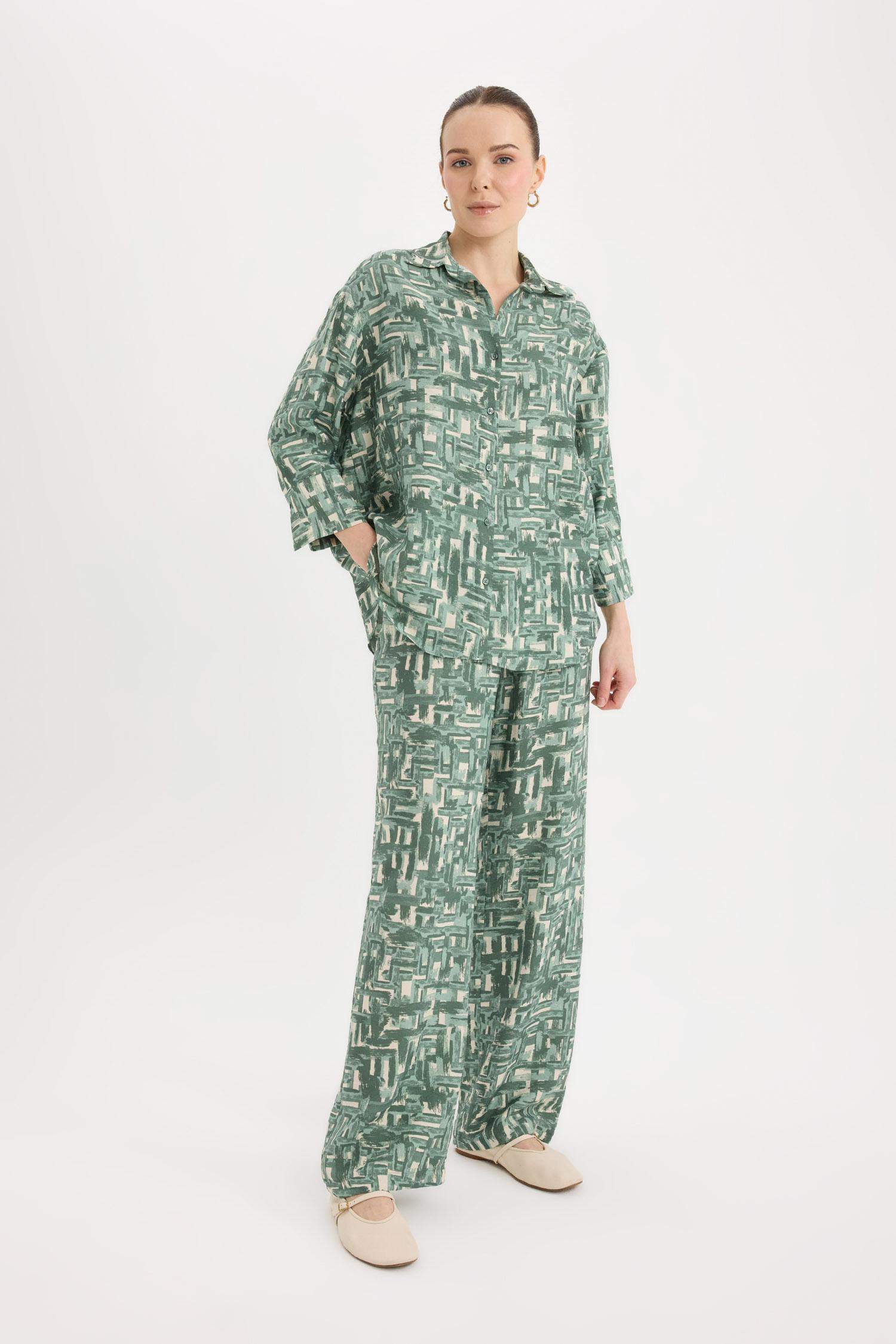 Wide Leg Rahat Pantolon Geniş Bol Paça Desenli Yüksek Bel