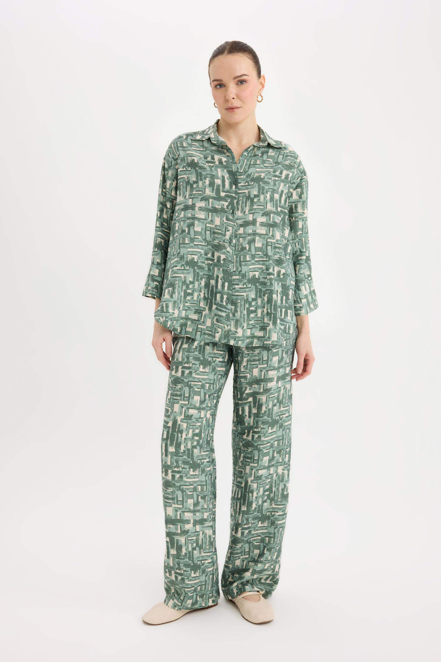 Wide Leg Rahat Pantolon Geniş Bol Paça Desenli Yüksek Bel