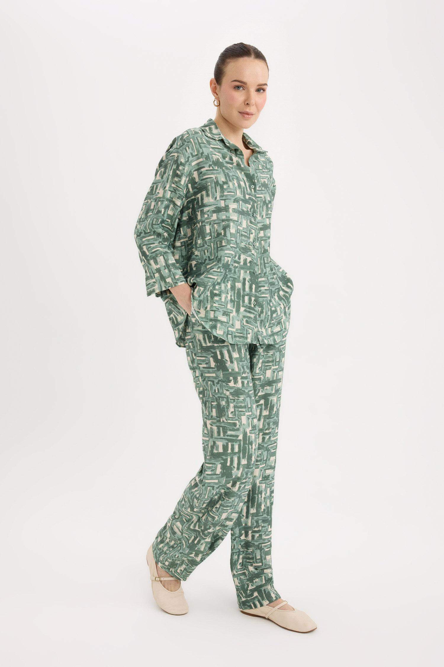 Wide Leg Rahat Pantolon Geniş Bol Paça Desenli Yüksek Bel