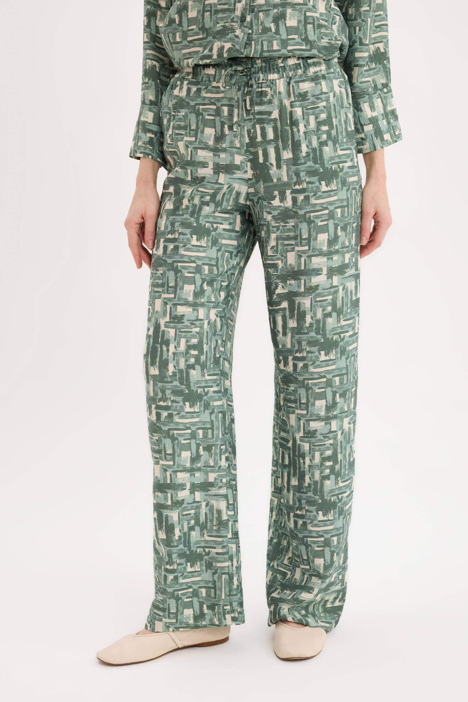 Wide Leg Rahat Pantolon Geniş Bol Paça Desenli Yüksek Bel