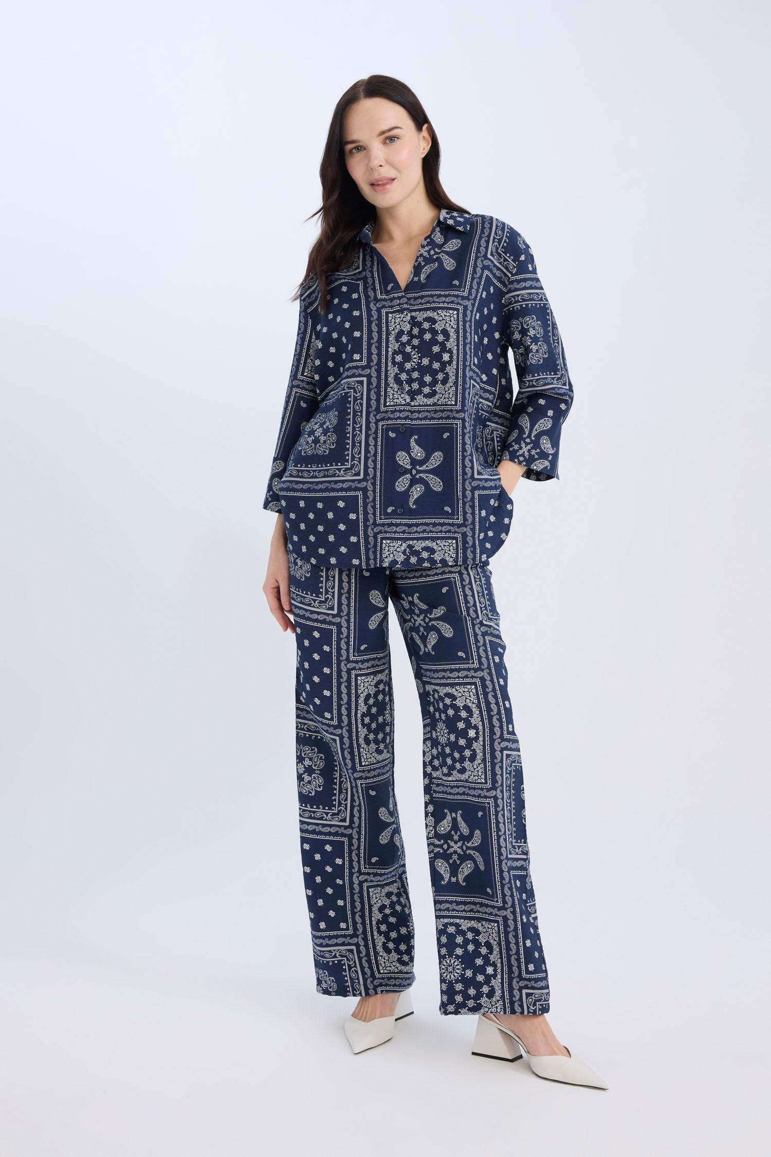 بنطلون وايد ليج برجل واسع وخصر عالي كحلي