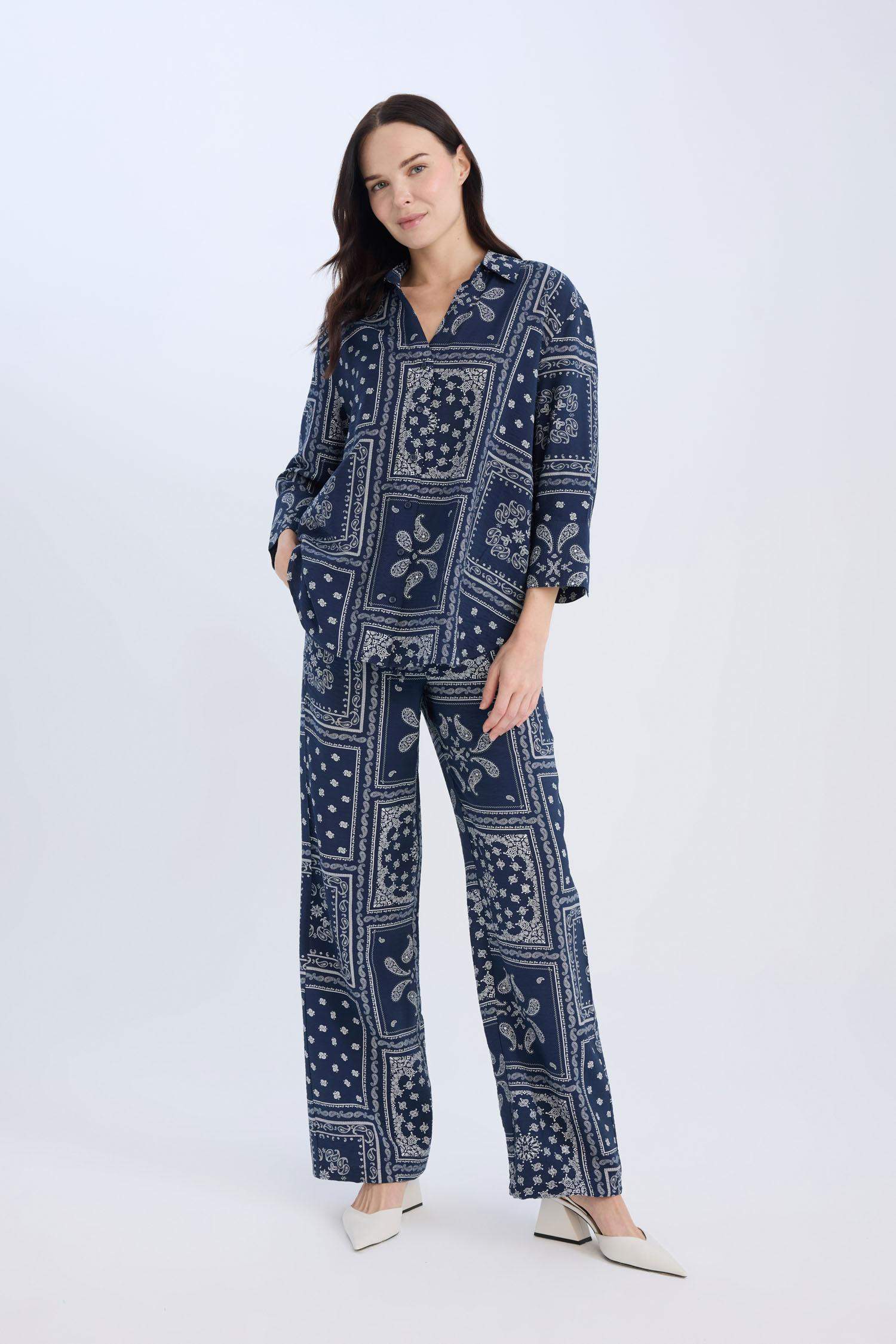 بنطلون وايد ليج برجل واسع وخصر عالي كحلي