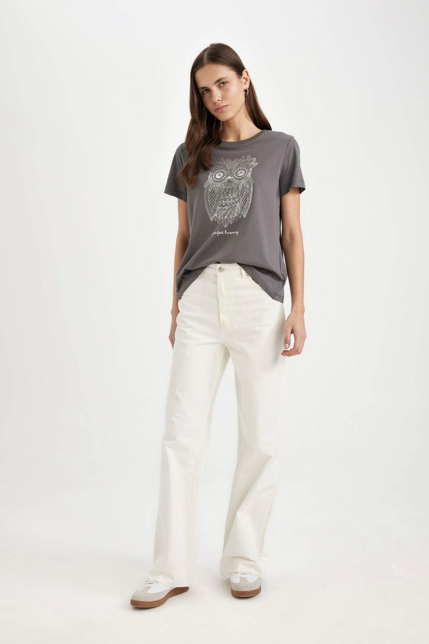 Regular Fit Crew Neck Owl Patterned Cotton Short Sleeve T-Shirt