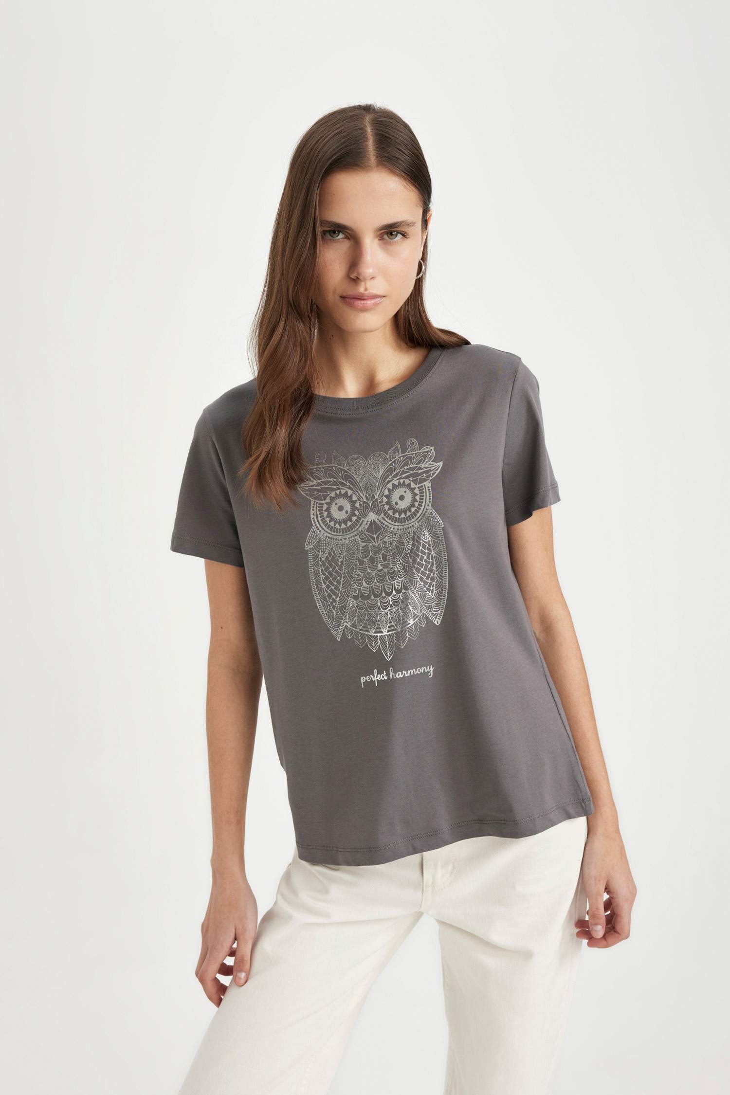 Regular Fit Crew Neck Owl Patterned Cotton Short Sleeve T-Shirt
