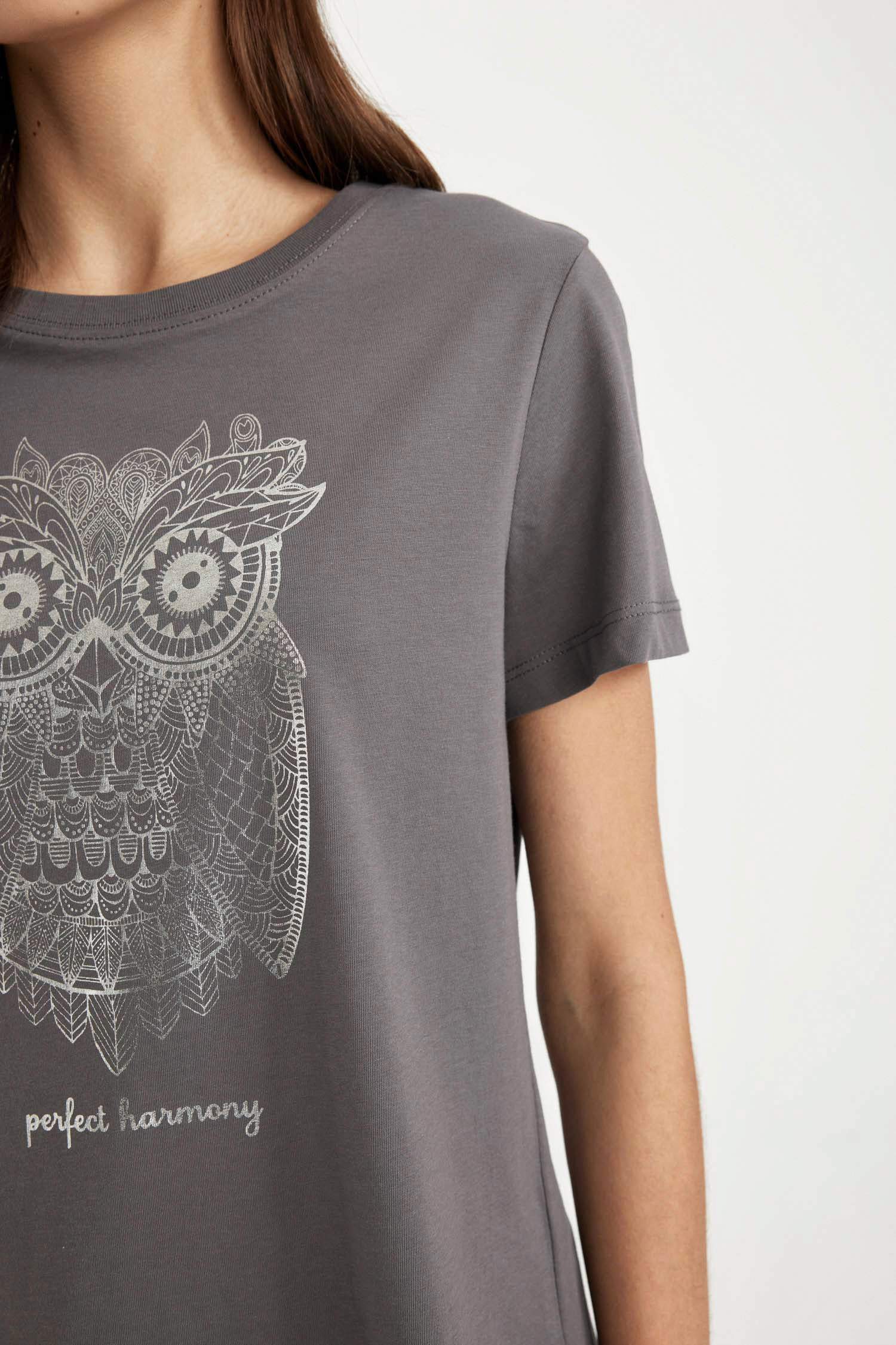 Regular Fit Crew Neck Owl Patterned Cotton Short Sleeve T-Shirt