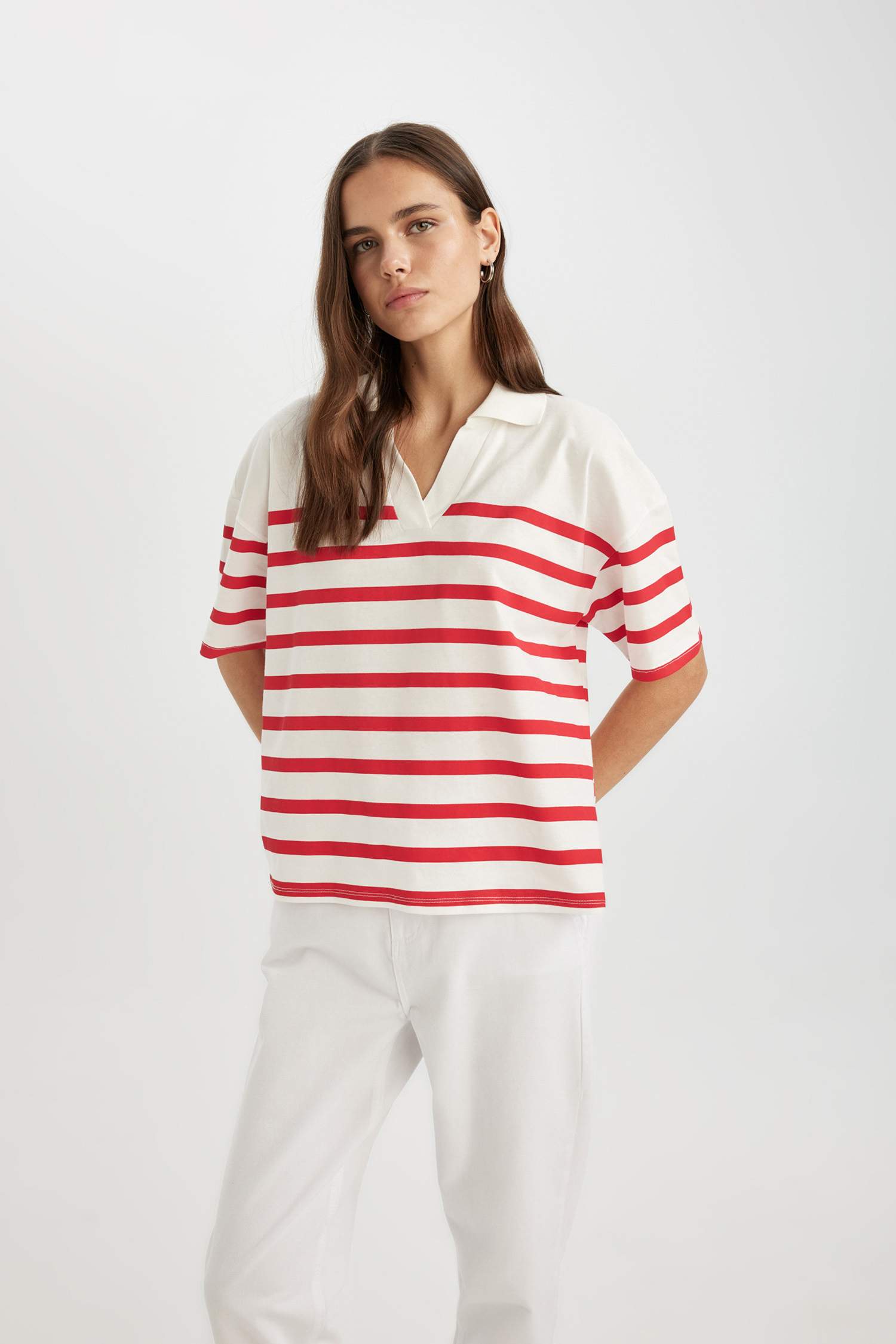 Relax Fit Polo Yaka Çizgili Penye Kısa Kollu Tişört