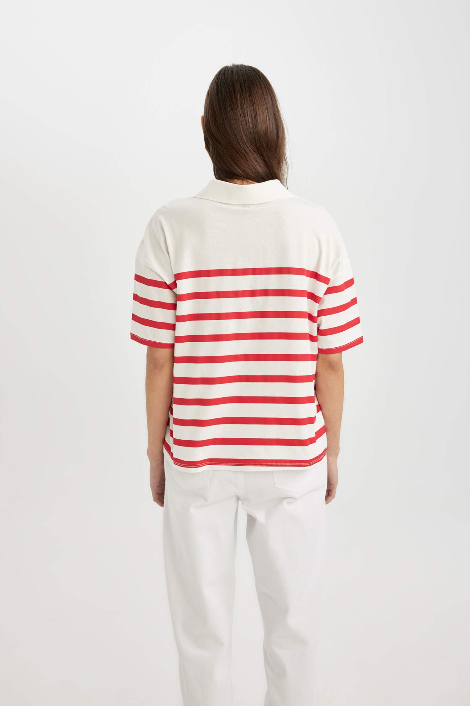 Relax Fit Polo Yaka Çizgili Penye Kısa Kollu Tişört
