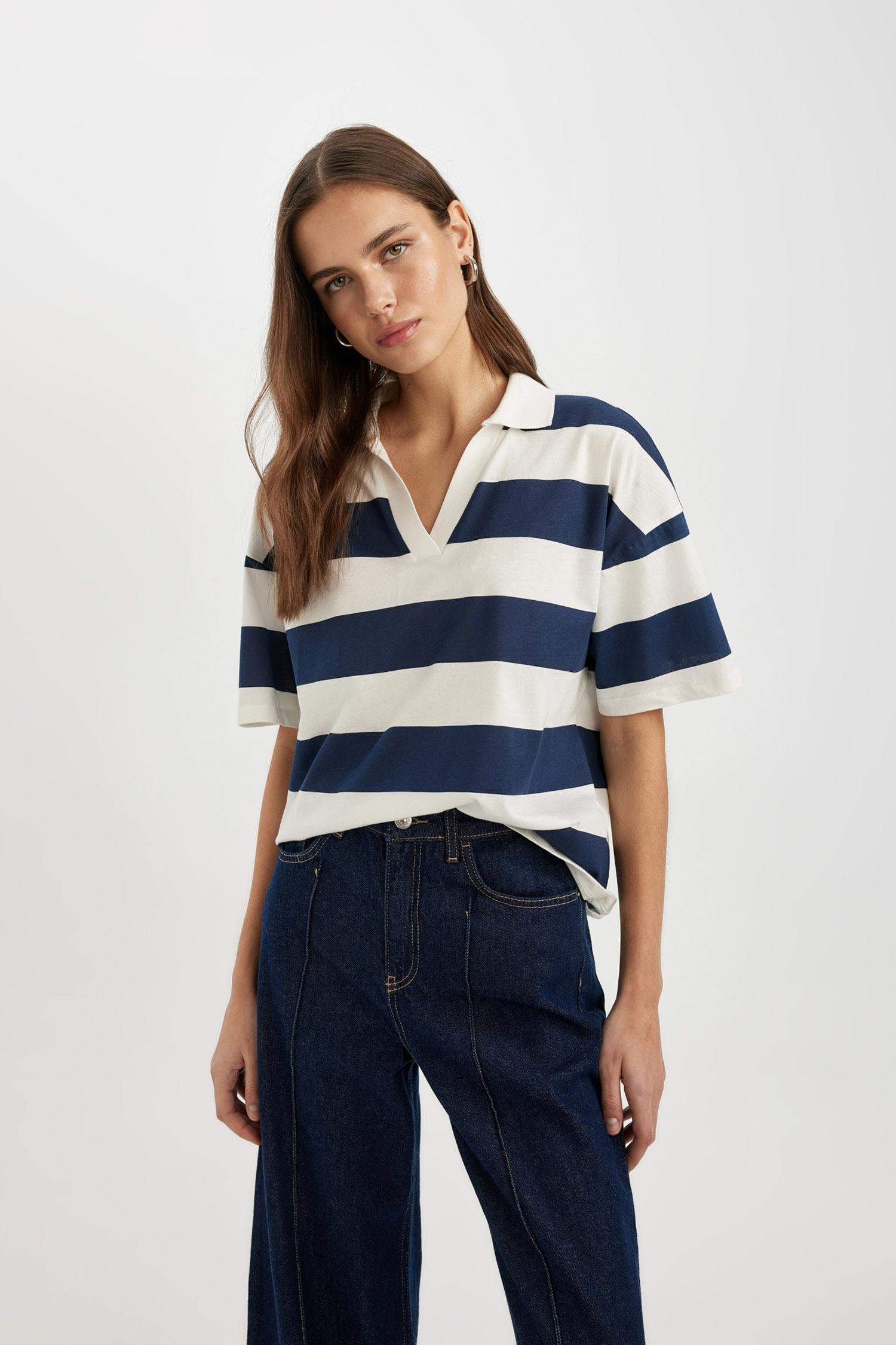 Relax Fit Polo Collar Striped Short Sleeve Polo T-Shirt