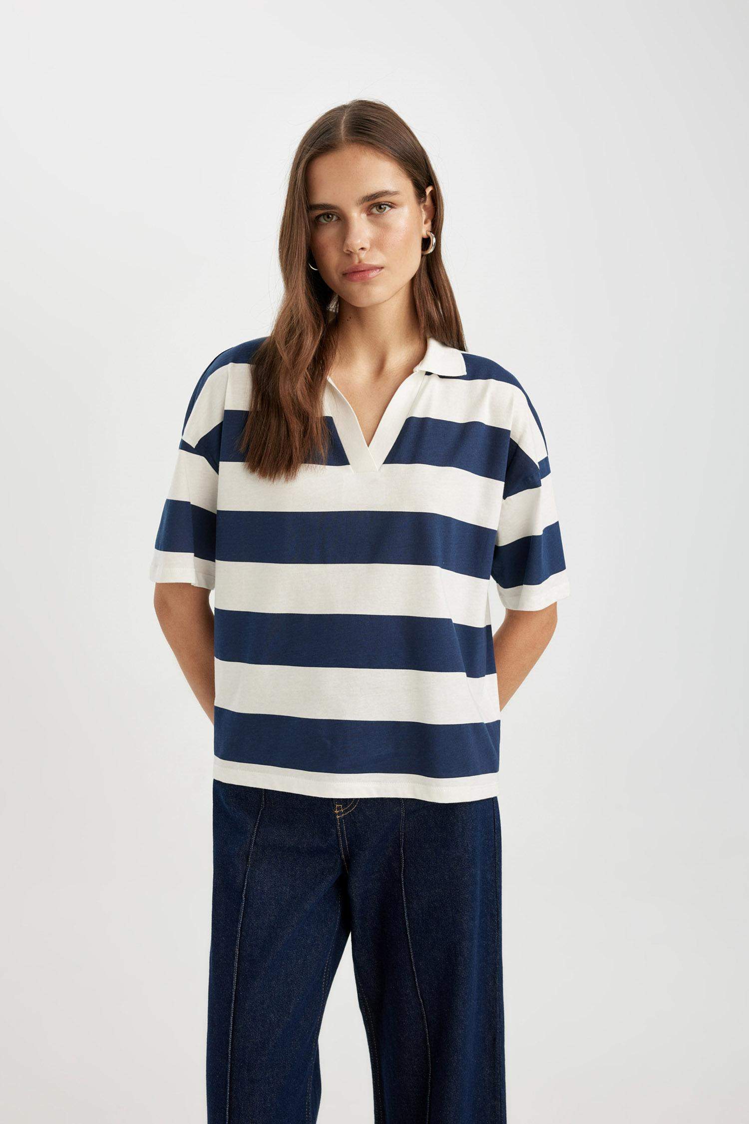 Relax Fit Polo Collar Striped Short Sleeve Polo T-Shirt