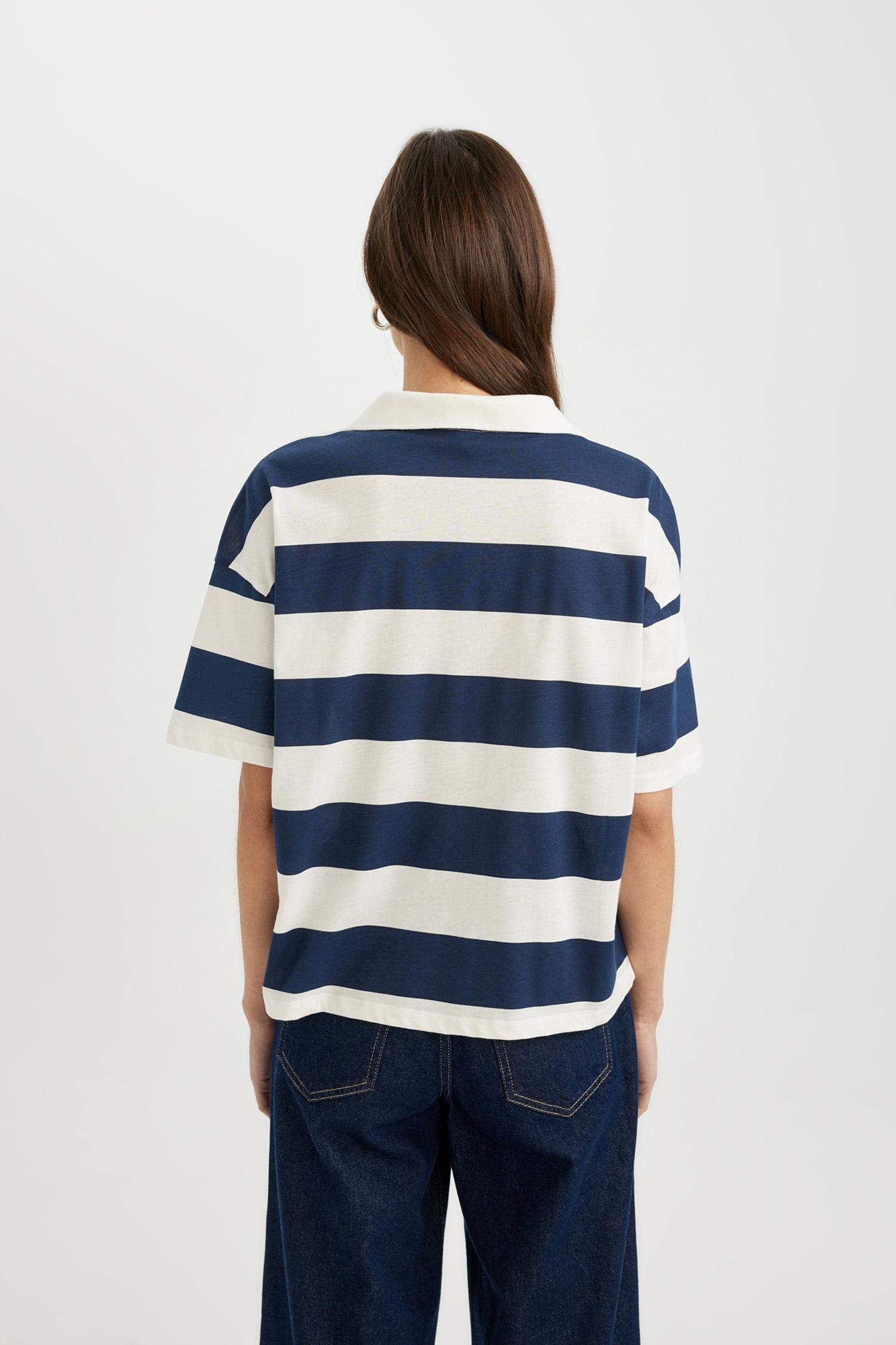 Relax Fit Polo Collar Striped Short Sleeve Polo T-Shirt