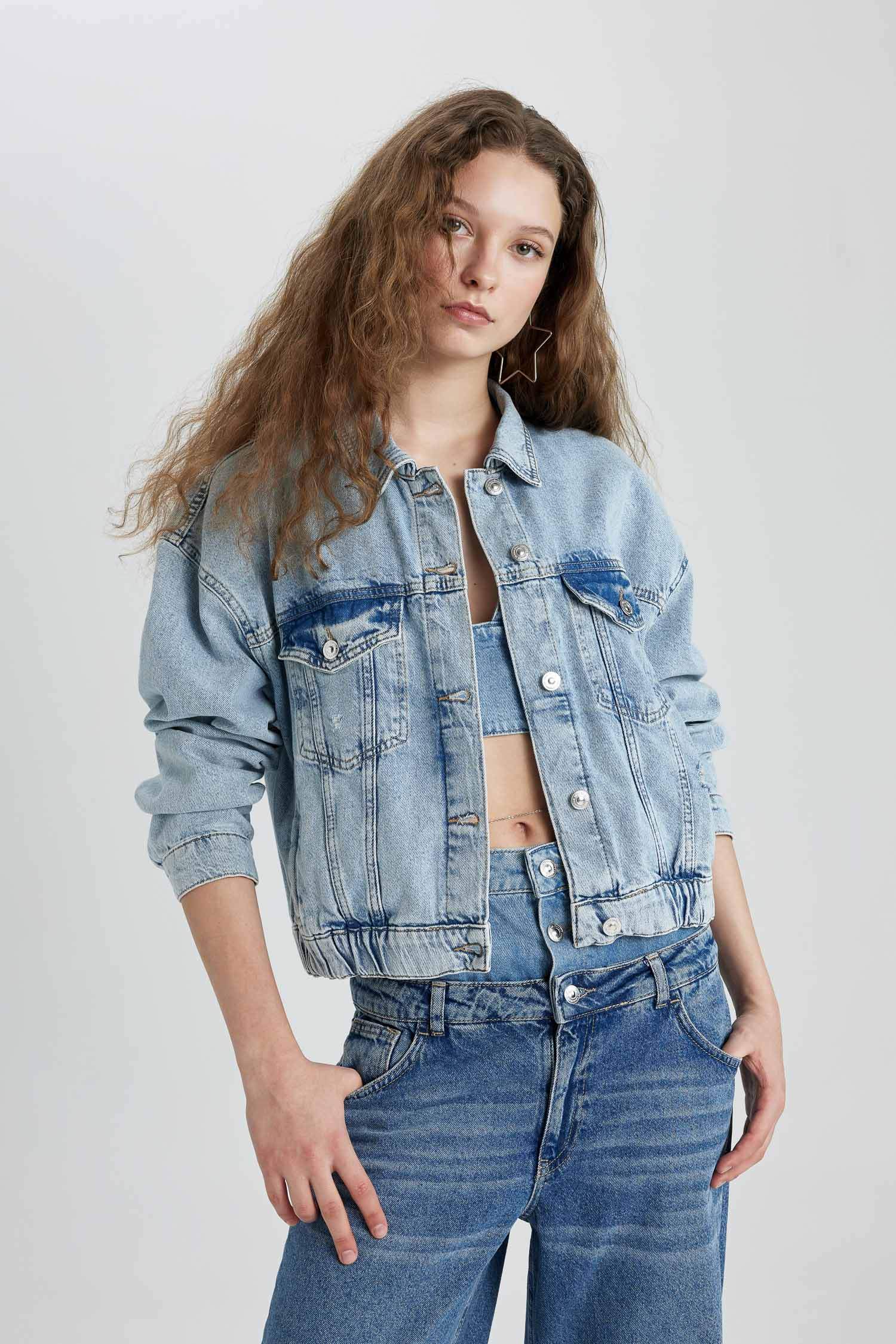 Shirt Collar Buttoned Pocket Denim Bomber Jacket