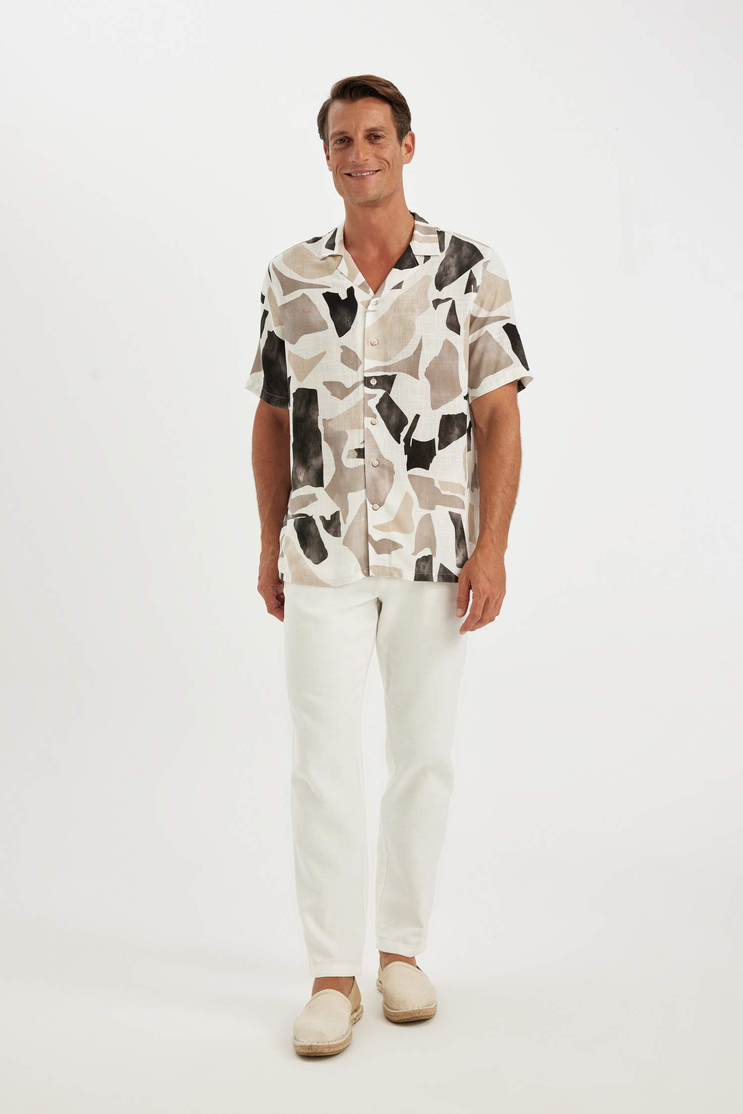 Relax Fit Polo Collar Patterned Short Sleeve Shirt