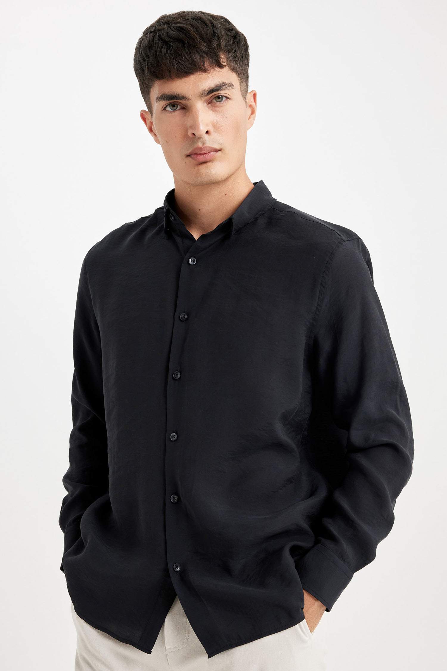 Relax Fit Polo Yaka Poplin Modal Basic Düz Uzun Kollu Siyah Gömlek