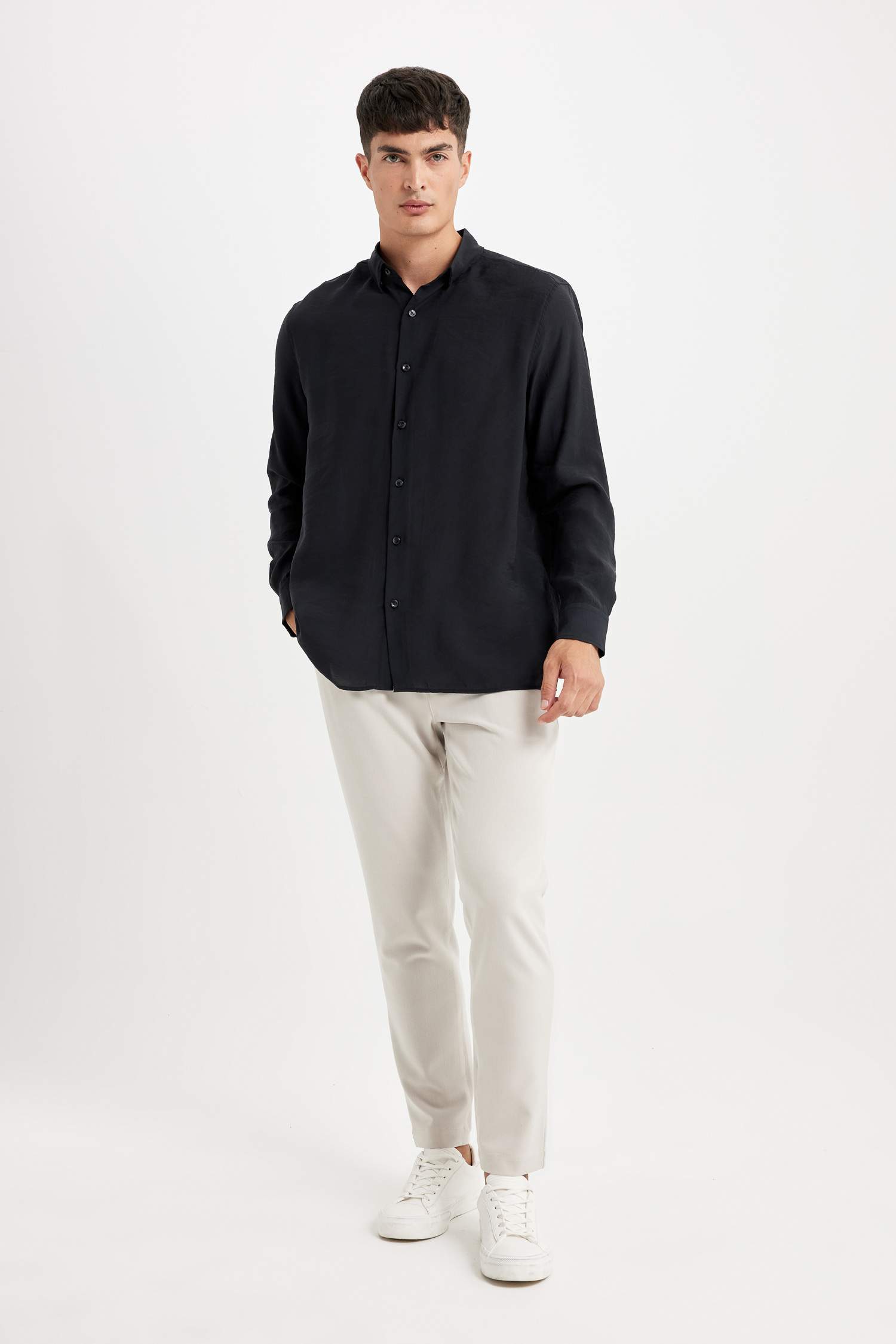 Relax Fit Polo Yaka Poplin Modal Basic Düz Uzun Kollu Siyah Gömlek