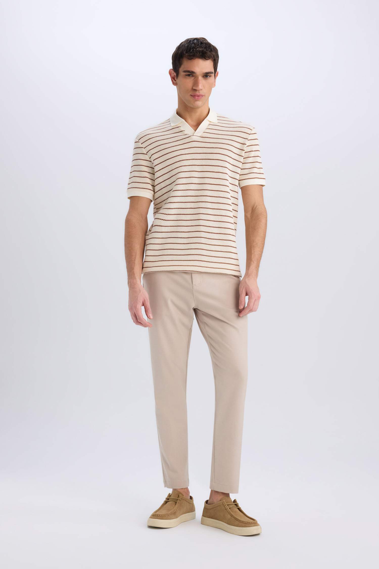 Regular Fit Polo Yaka Çizgili Triko Kısa Kollu Tişört