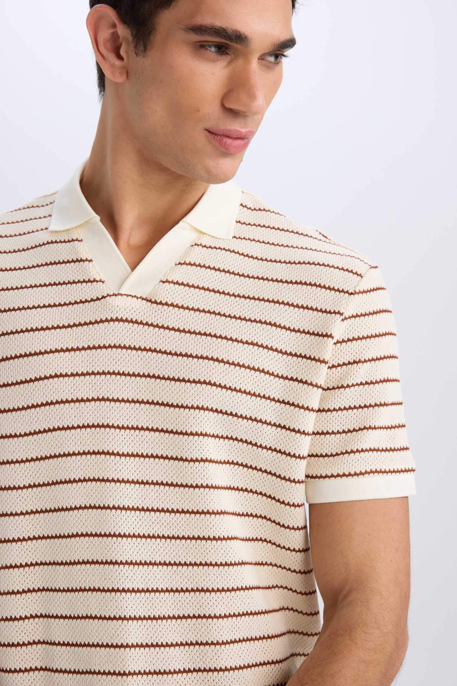 Regular Fit Polo Yaka Çizgili Triko Kısa Kollu Tişört