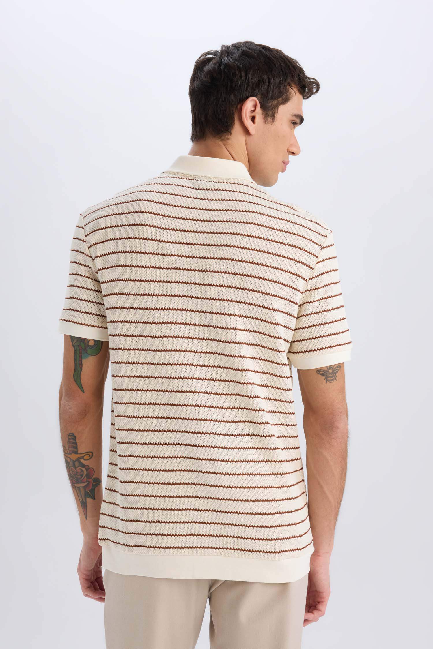 Regular Fit Polo Yaka Çizgili Triko Kısa Kollu Tişört