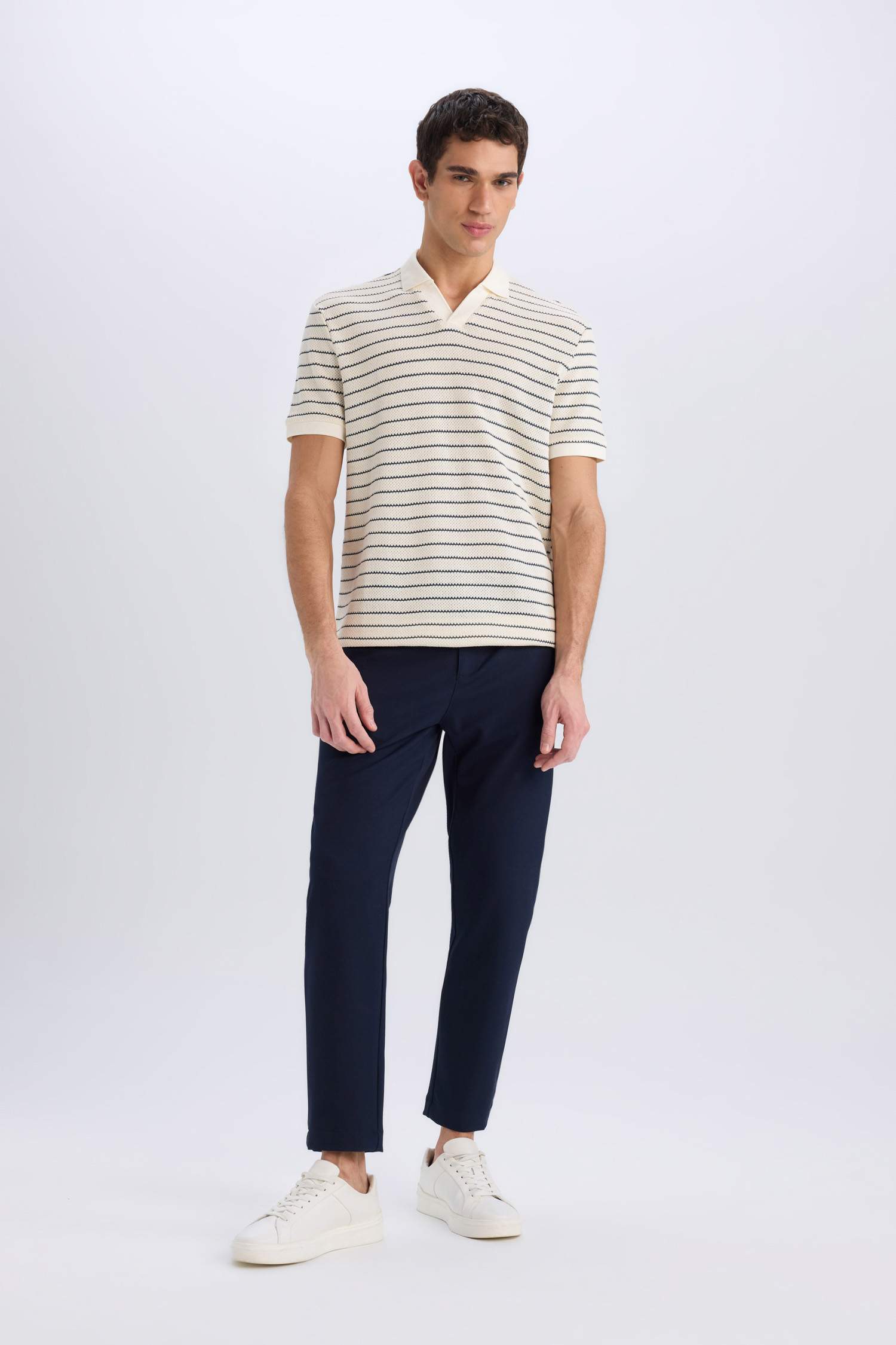 Regular Fit Polo Yaka Çizgili Triko Kısa Kollu Tişört