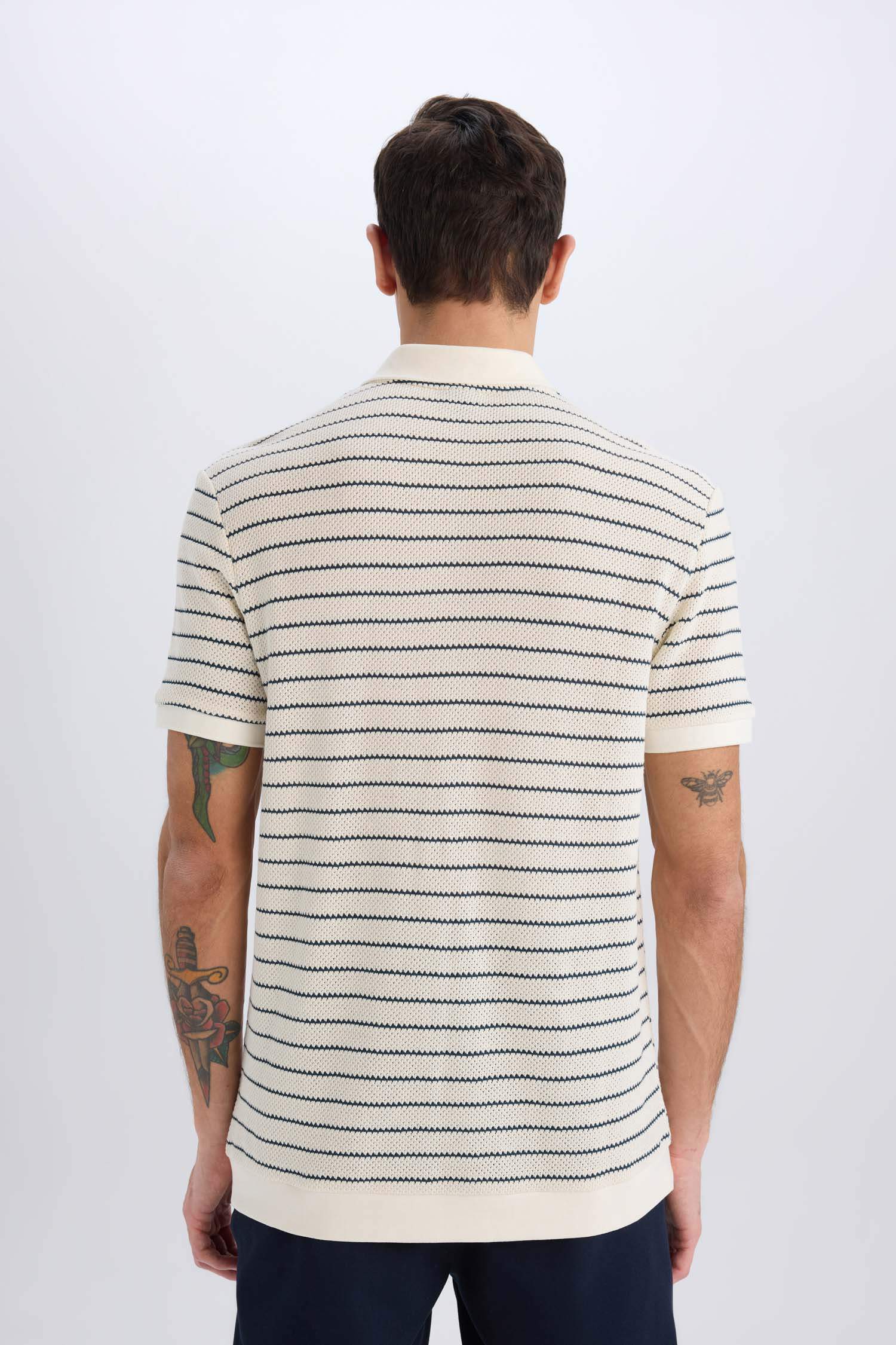 Regular Fit Polo Yaka Çizgili Triko Kısa Kollu Tişört