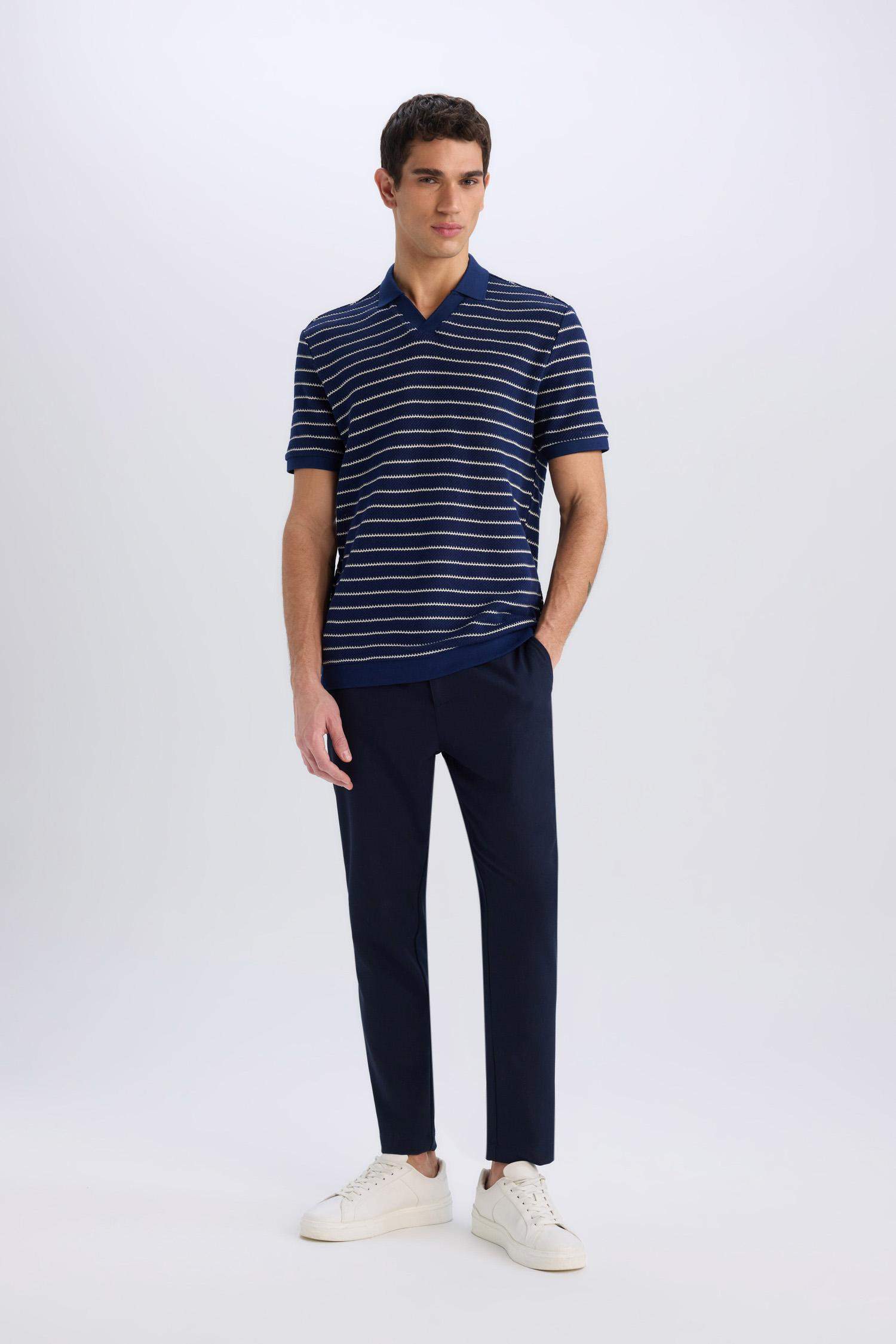 Regular Fit Polo Yaka Çizgili Triko Kısa Kollu Tişört