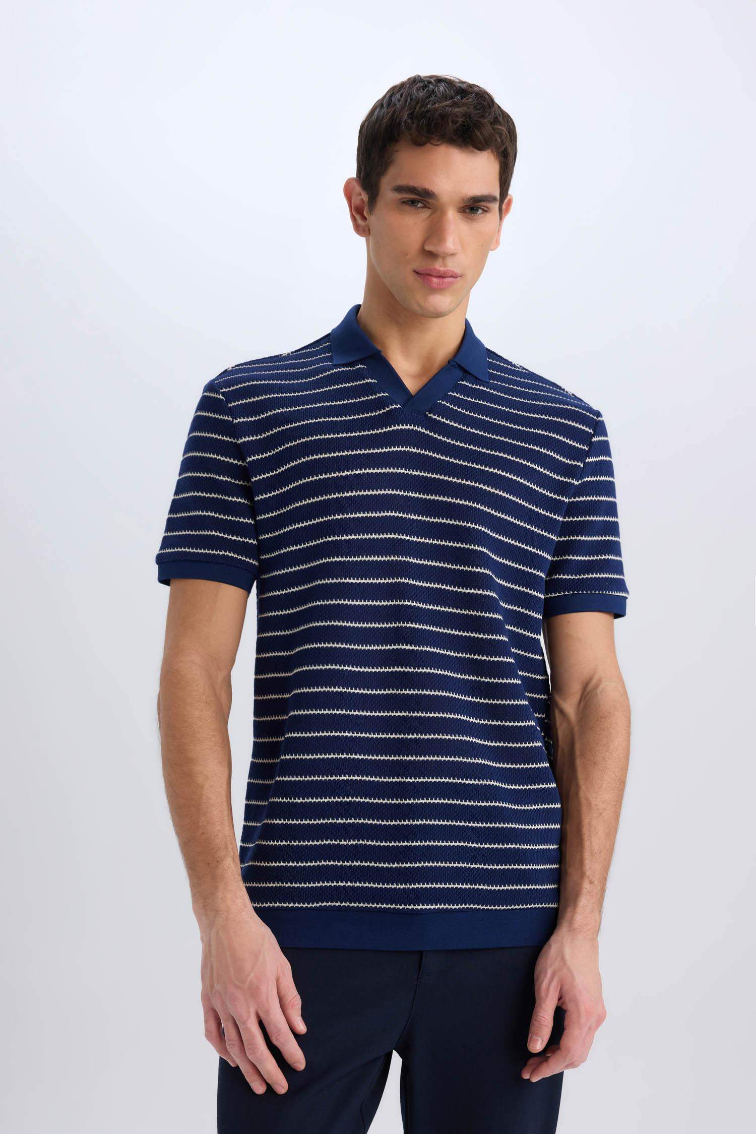 Regular Fit Polo Yaka Çizgili Triko Kısa Kollu Tişört