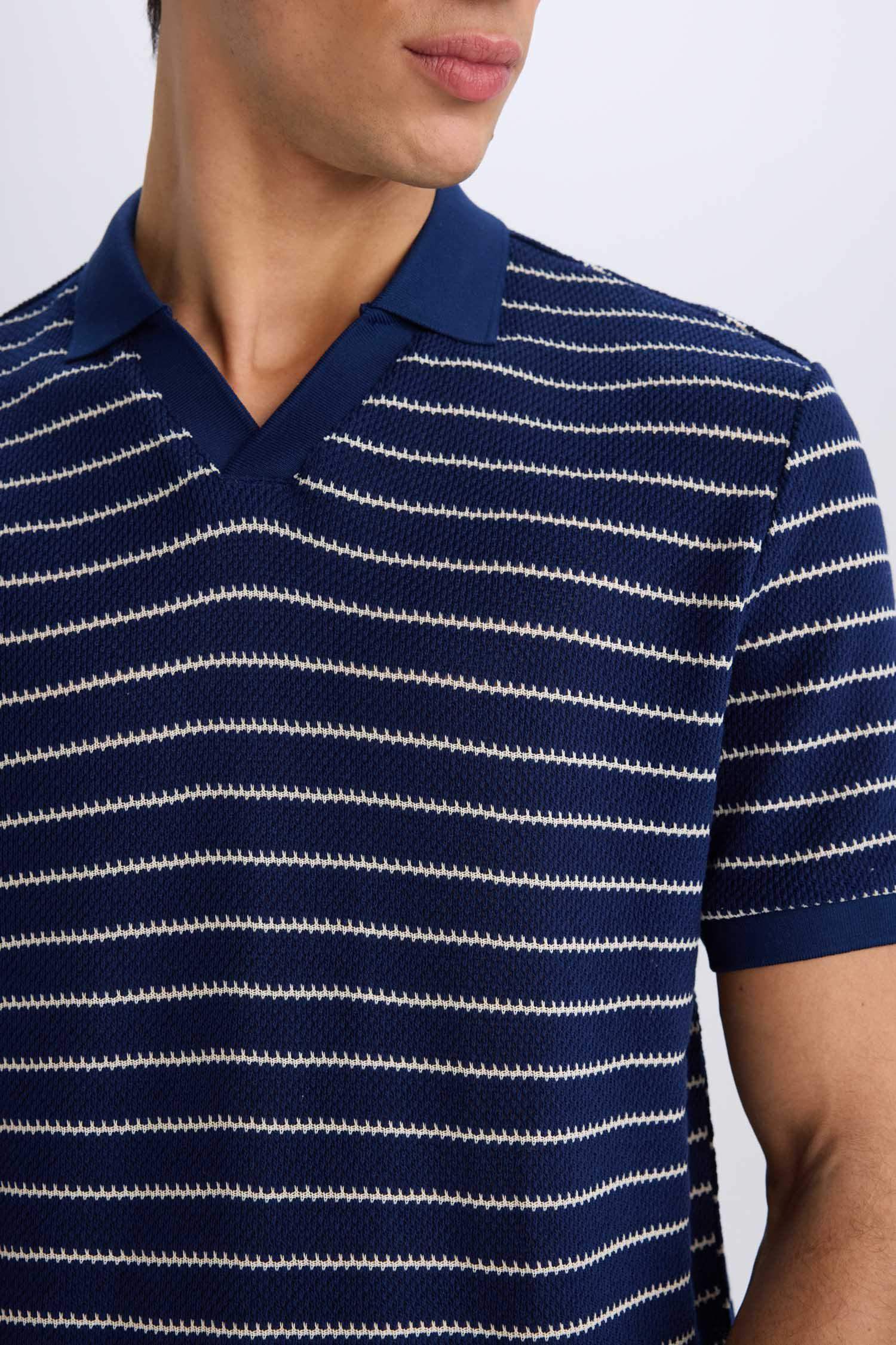 Regular Fit Polo Yaka Çizgili Triko Kısa Kollu Tişört