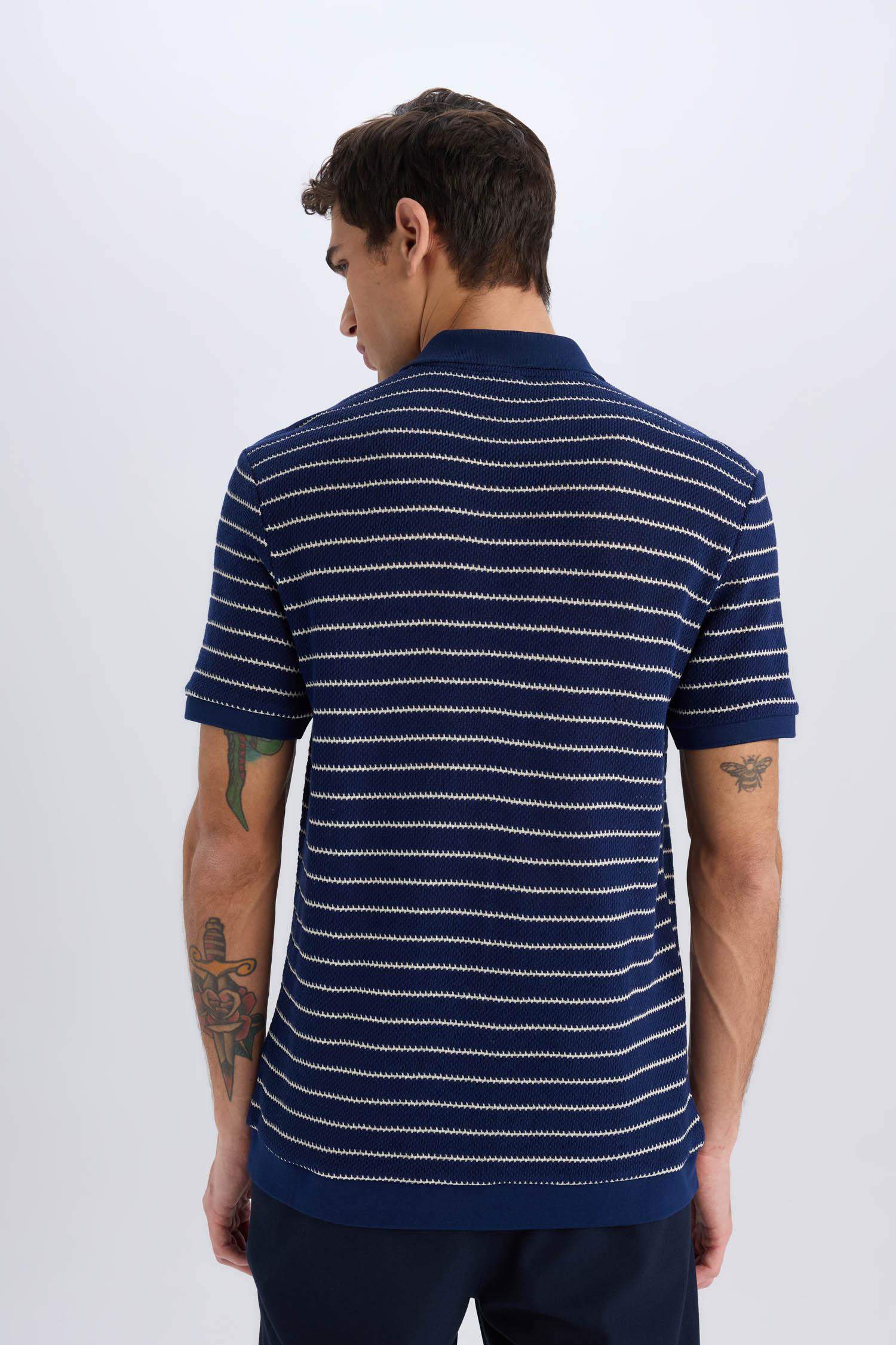 Regular Fit Polo Yaka Çizgili Triko Kısa Kollu Tişört