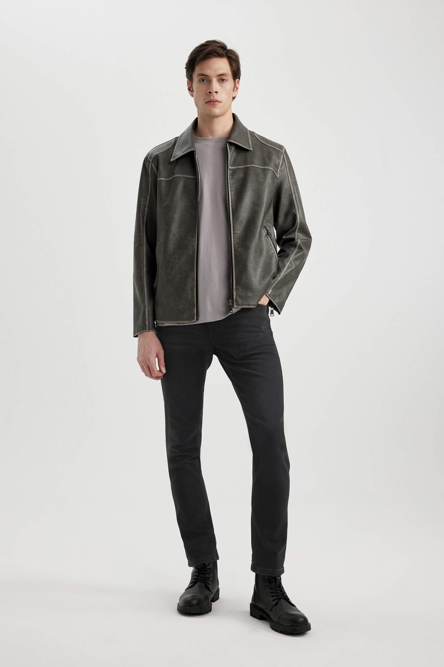 Slim Fit Suni Deri Mont Ceket Dar Kesim Polo Yaka Astarlı Fermuarlı Cepli Mevsimlik 