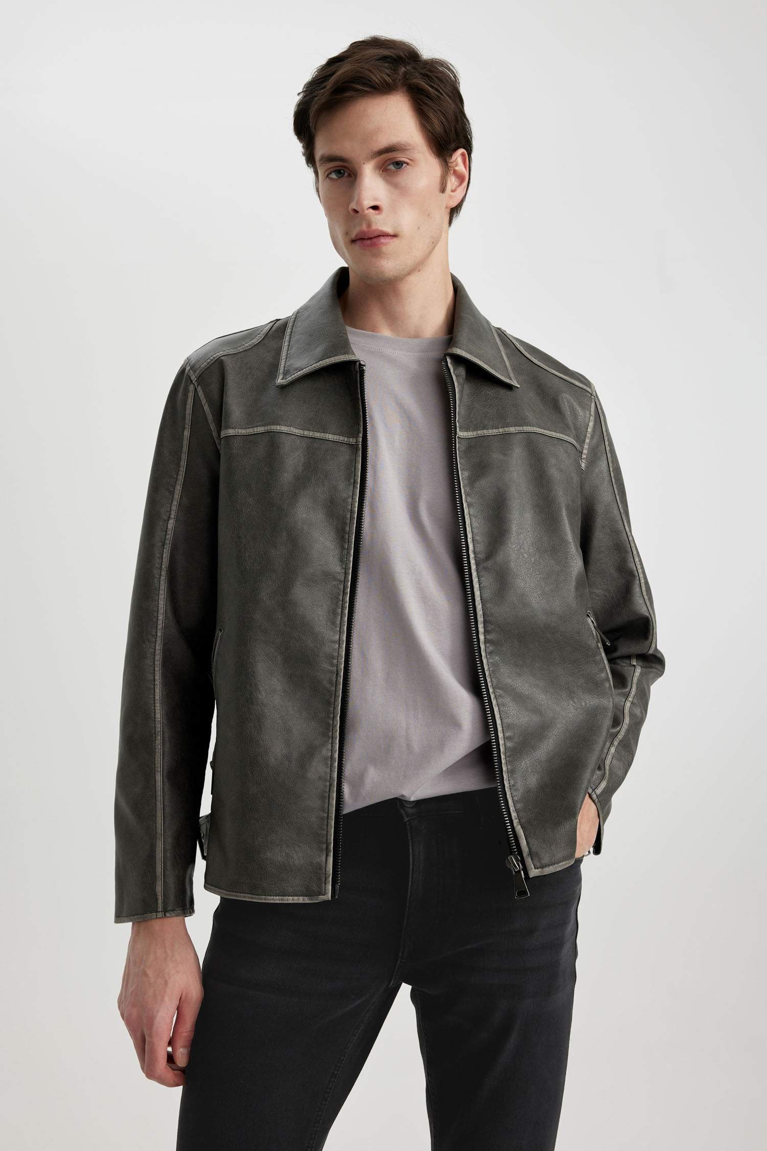 Slim Fit Suni Deri Mont Ceket Dar Kesim Polo Yaka Astarlı Fermuarlı Cepli Mevsimlik 