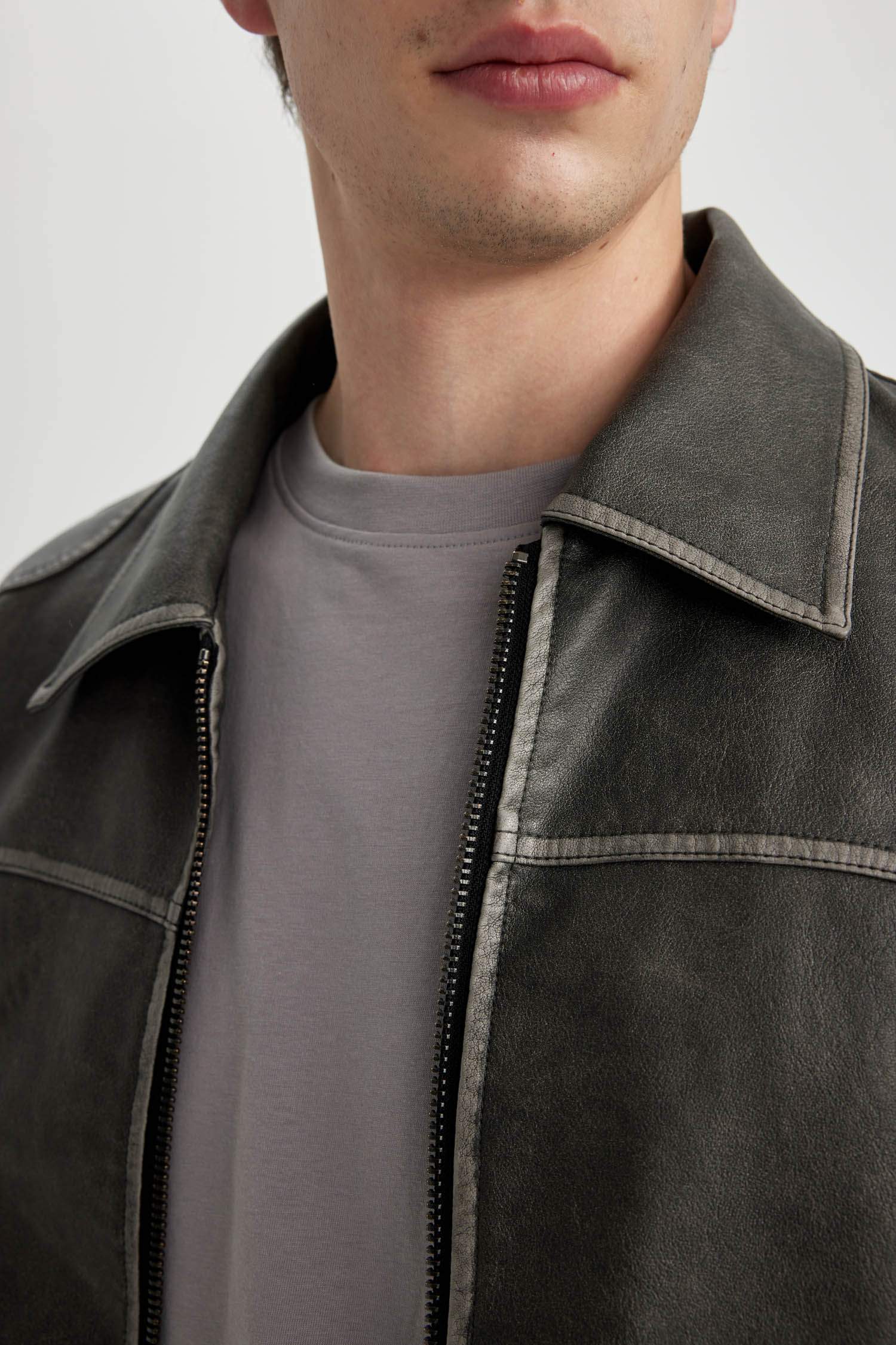 Slim Fit Suni Deri Mont Ceket Dar Kesim Polo Yaka Astarlı Fermuarlı Cepli Mevsimlik 