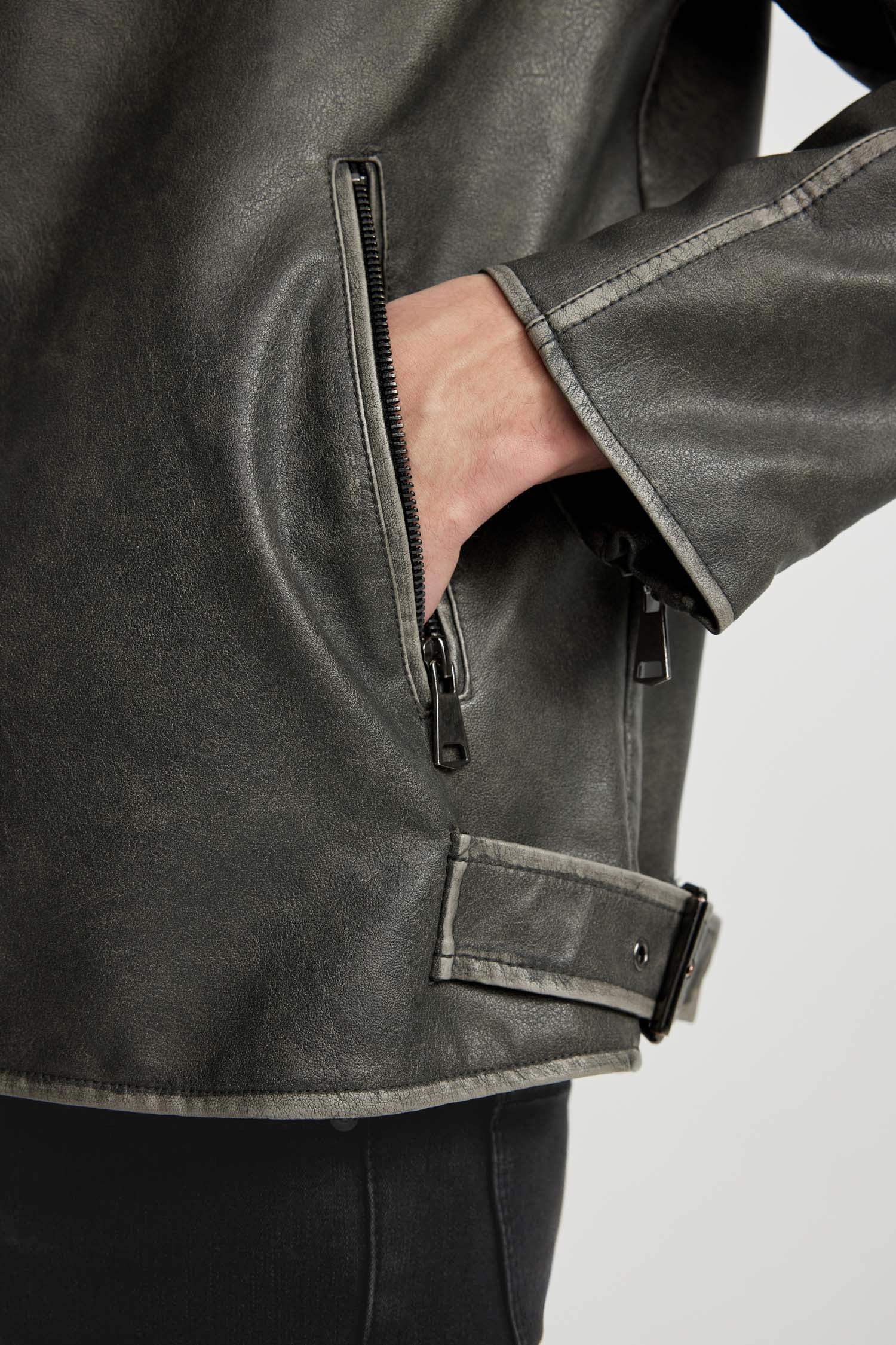 Slim Fit Suni Deri Mont Ceket Dar Kesim Polo Yaka Astarlı Fermuarlı Cepli Mevsimlik 