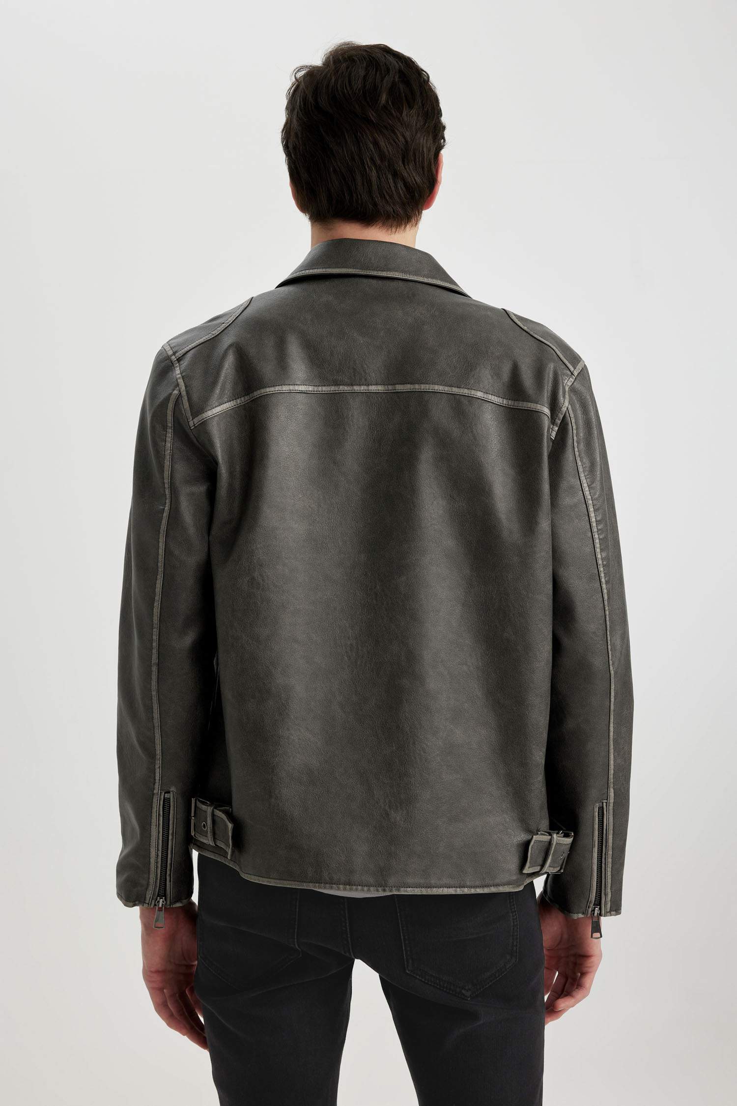 Slim Fit Suni Deri Mont Ceket Dar Kesim Polo Yaka Astarlı Fermuarlı Cepli Mevsimlik 