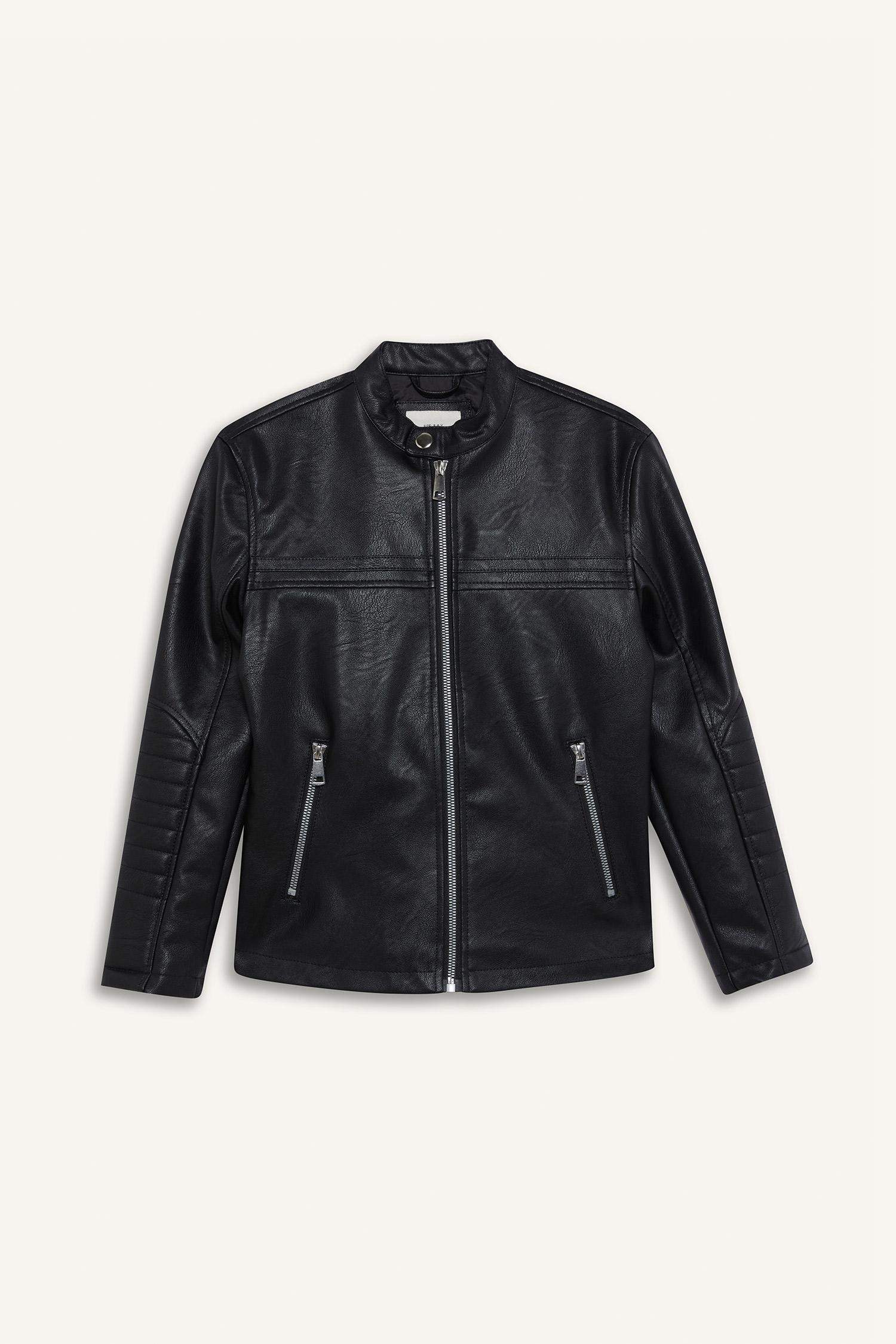 Erkek Çocuk Su Geçirmez Fermuarlı Suni Deri Ceket Mont