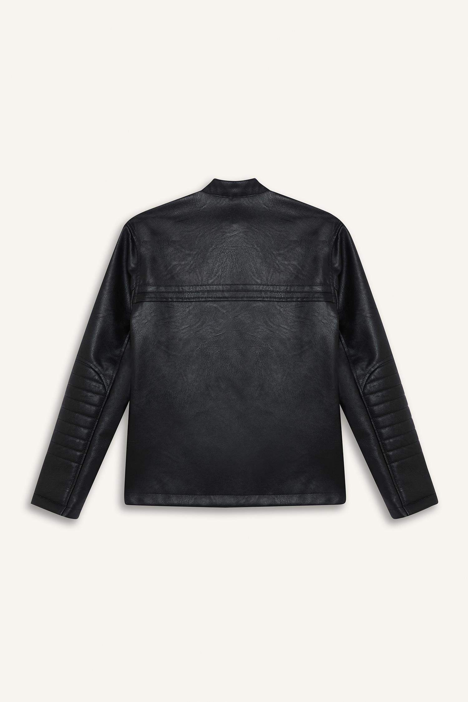 Erkek Çocuk Su Geçirmez Fermuarlı Suni Deri Ceket Mont