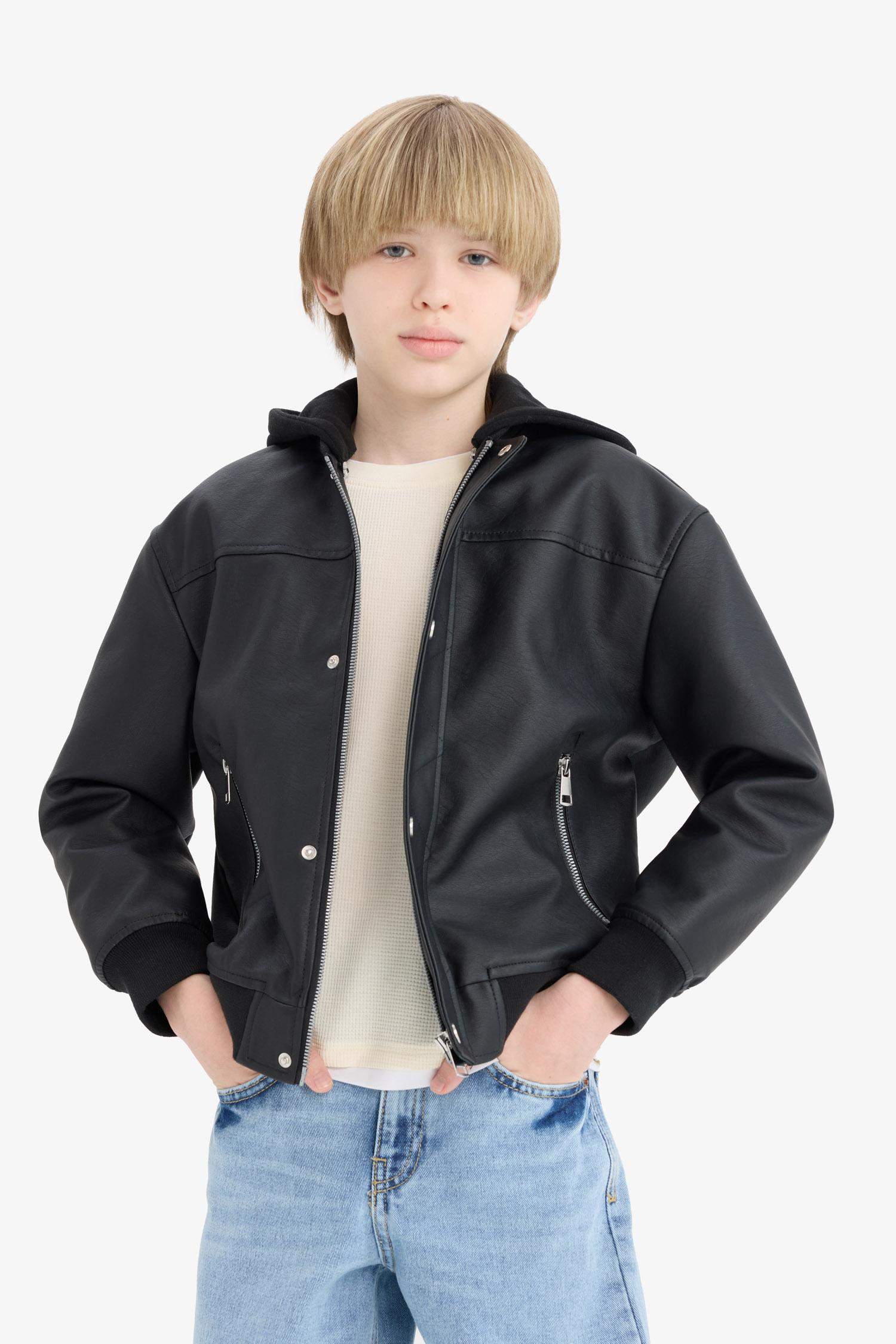 Boy Waterproof College Collar Plush Lined Bomber Jacket