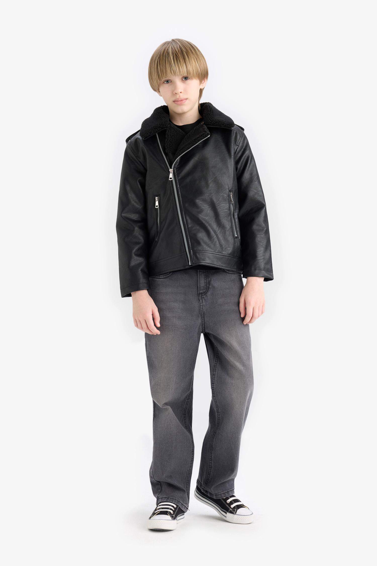 Erkek Çocuk Su Geçirmez Fermuarlı Yaka Pelüş Astar Suni Deri Mont