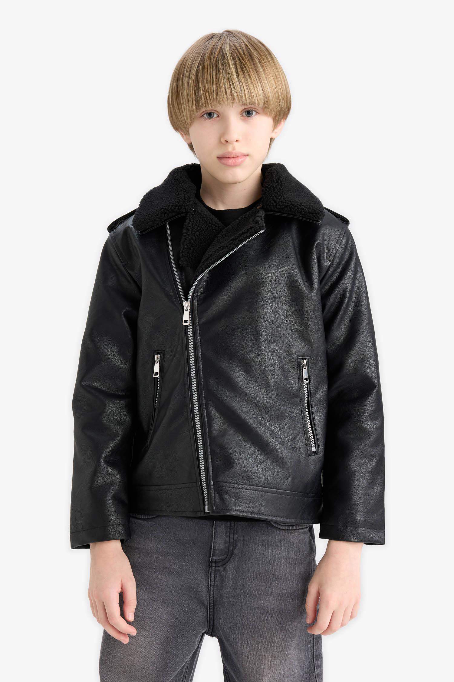 Boy Zipper Water Repellent Plush Lined Faux Leather Jacket
