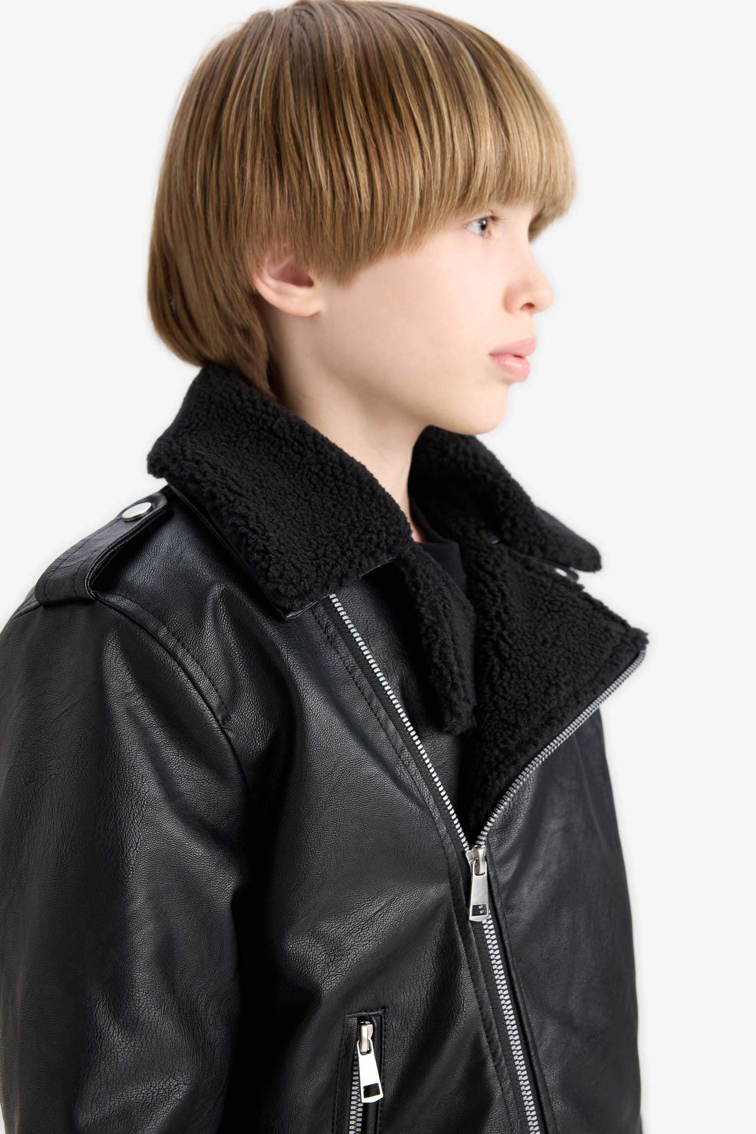 Boy Zipper Water Repellent Plush Lined Faux Leather Jacket