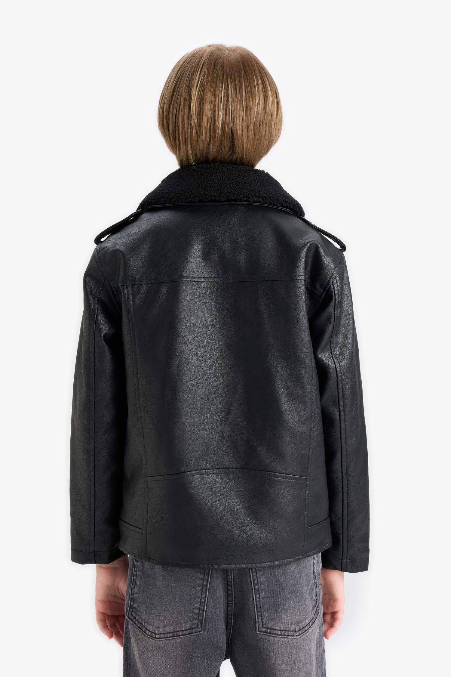 Boy Zipper Water Repellent Plush Lined Faux Leather Jacket